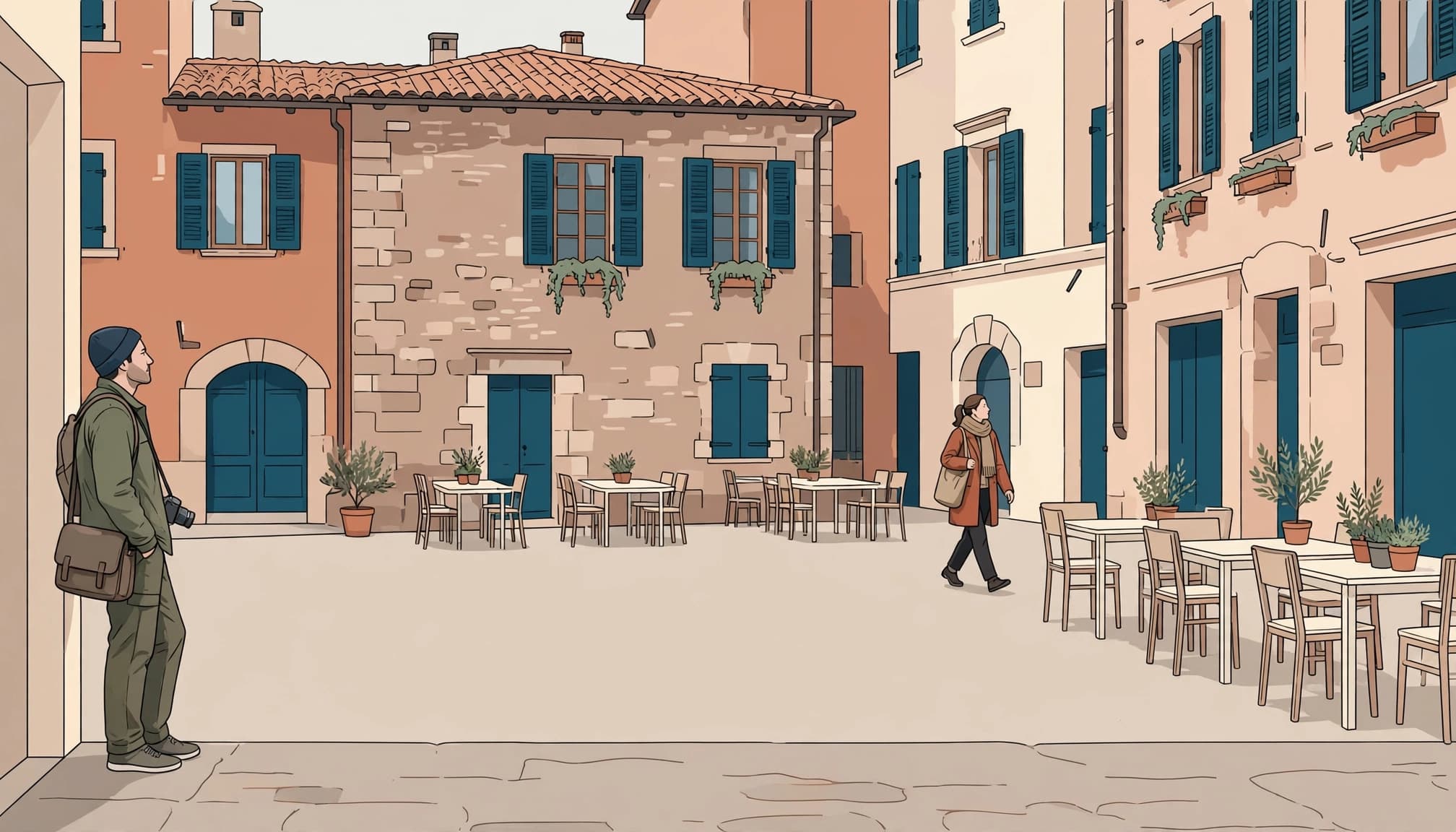 A photographer holds a camera low as one passerby crosses a quiet plaza.