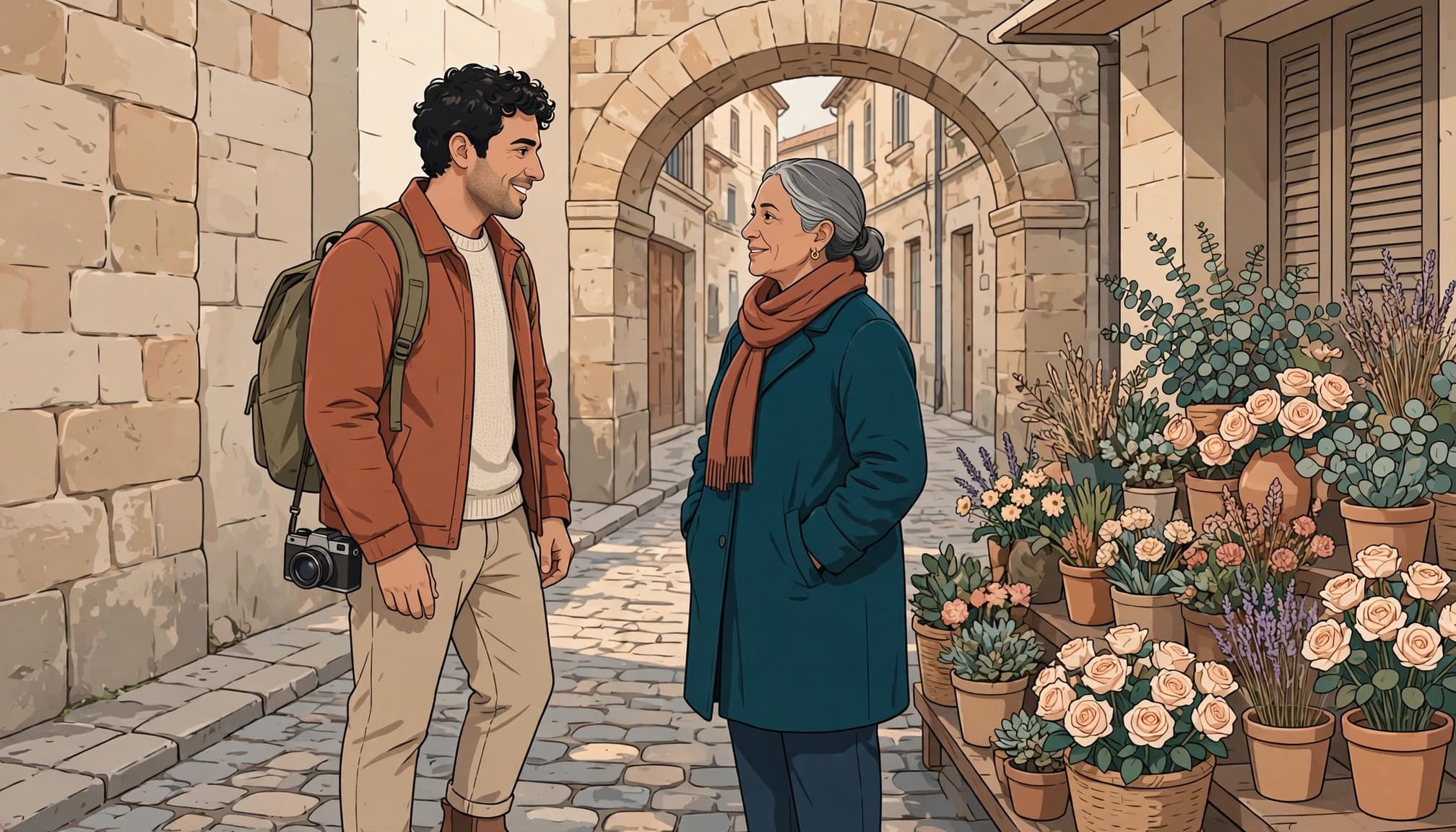 A traveler with a camera speaks with a local person beside a flower stall.