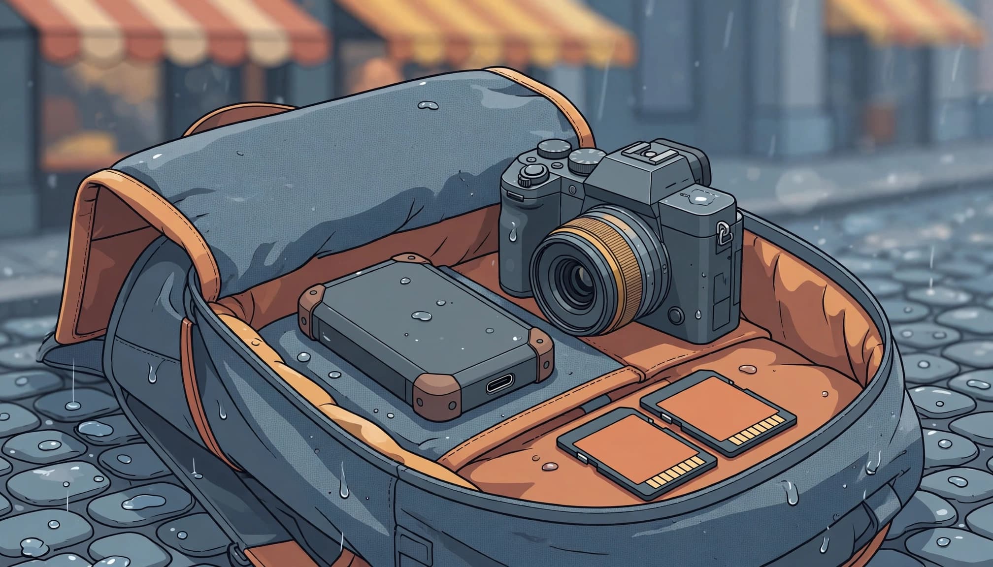 A rugged SSD rests inside an open backpack beside a camera and two memory cards.