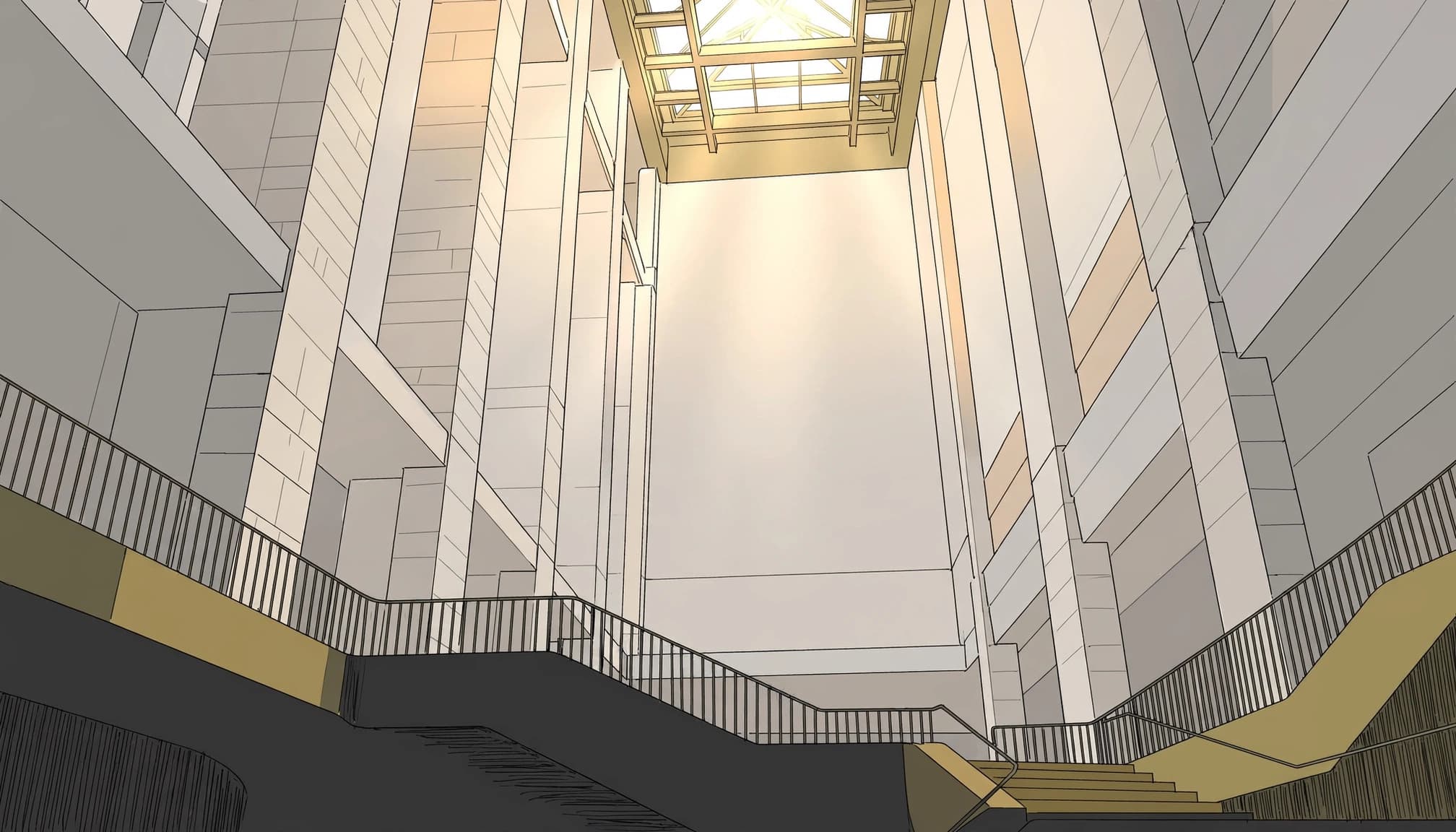 A bright skylight above pale walls and a shadowed staircase.
