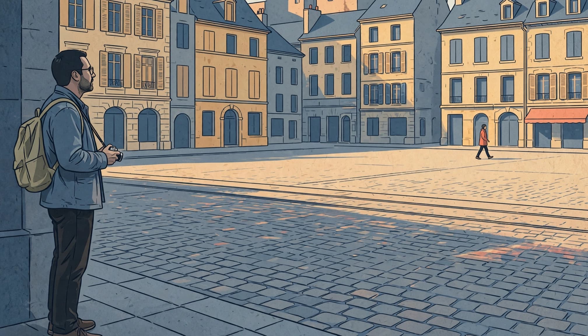 A photographer frames a European square with one distant passerby.