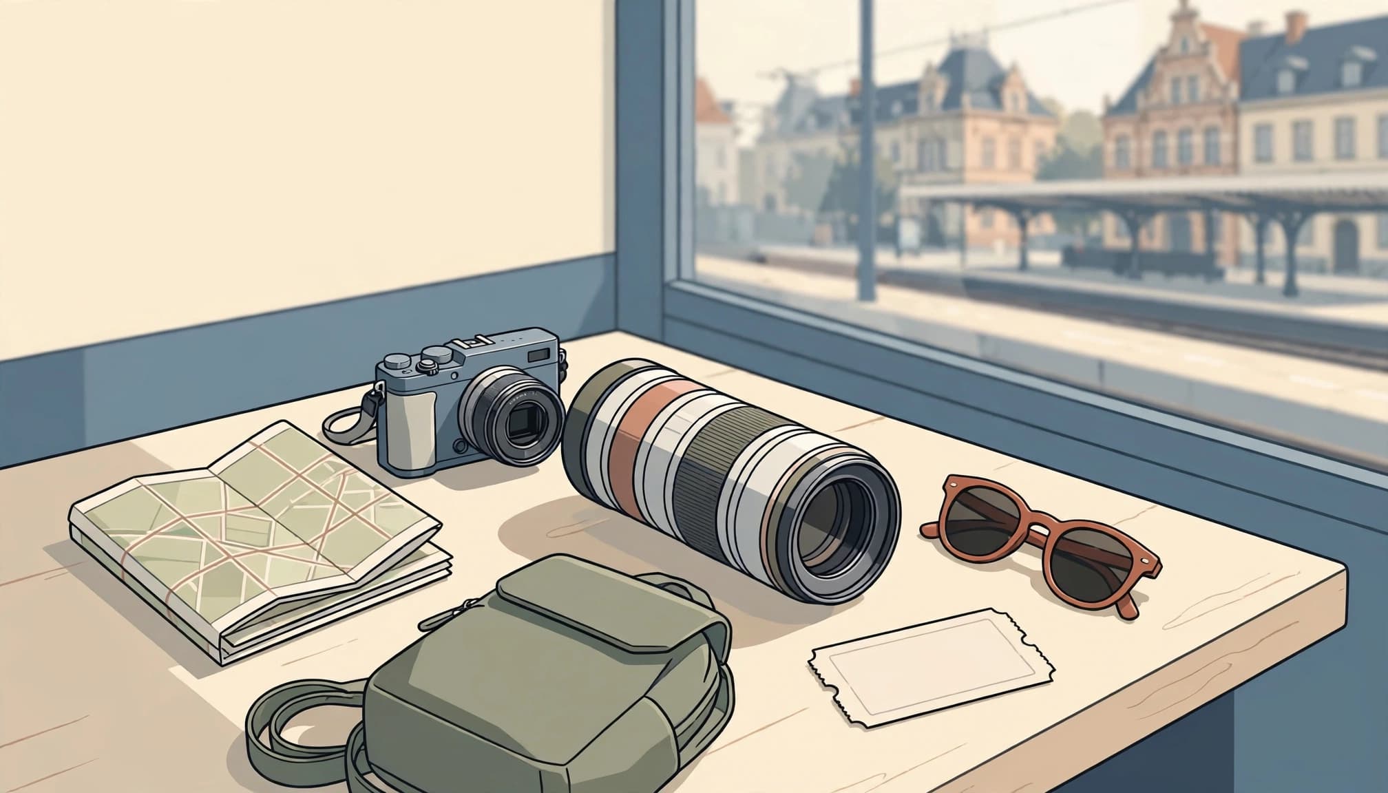 Camera and telephoto lens beside a map, backpack, sunglasses, and train ticket on a café table.