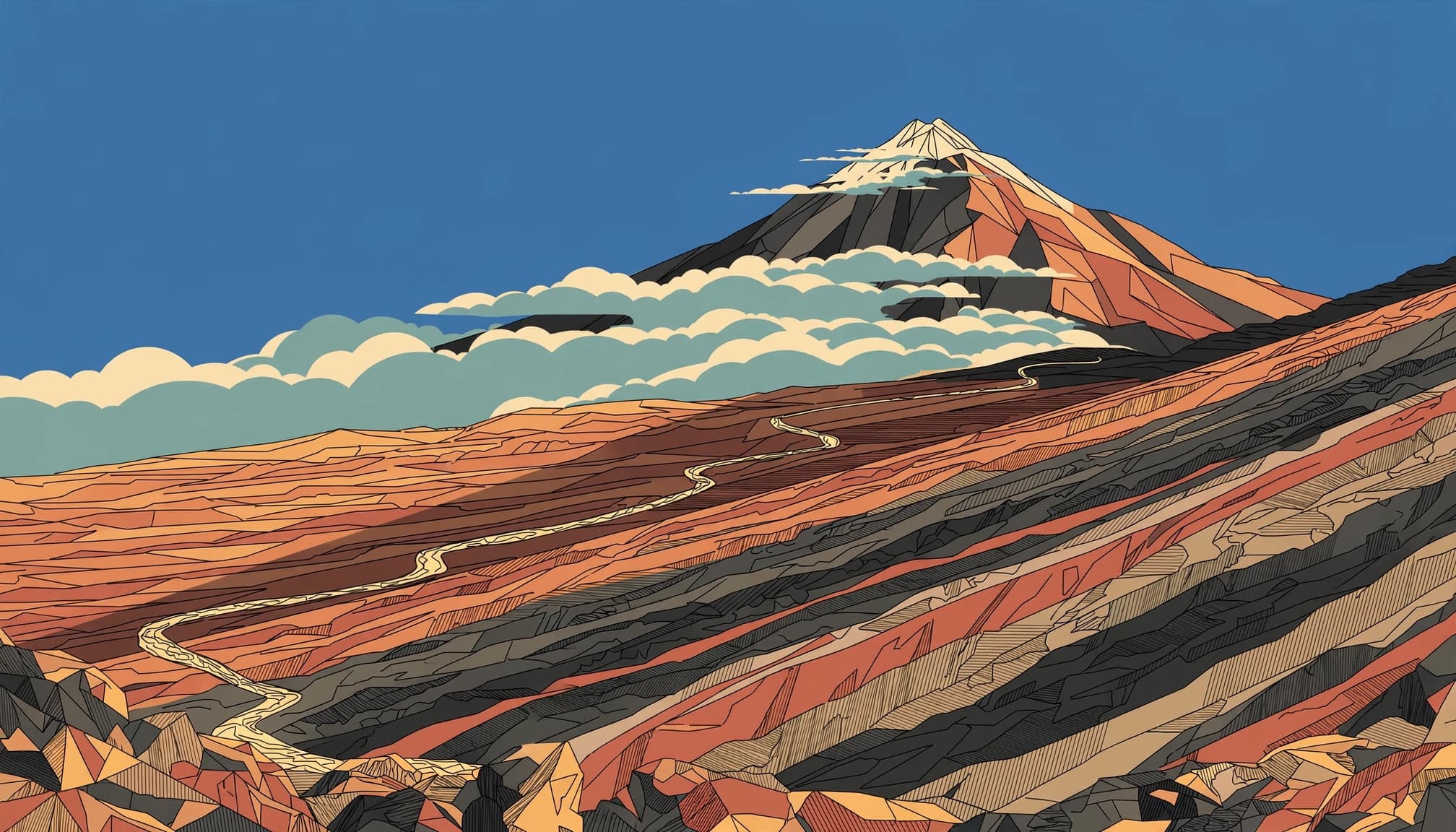 Mount Teide rises above lava fields and a winding trail.
