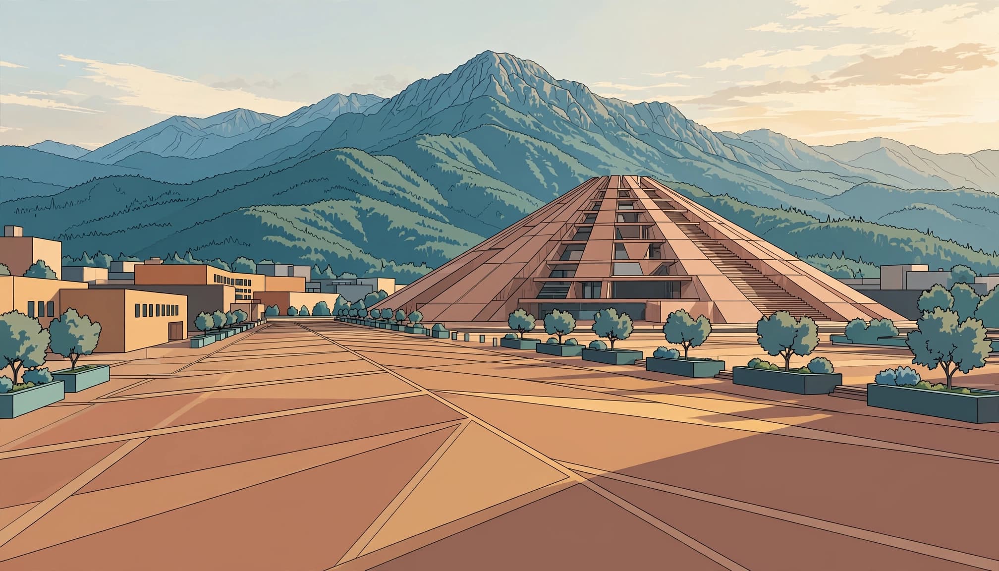 Tirana's Pyramid rises in a plaza with Dajti Mountain behind it.