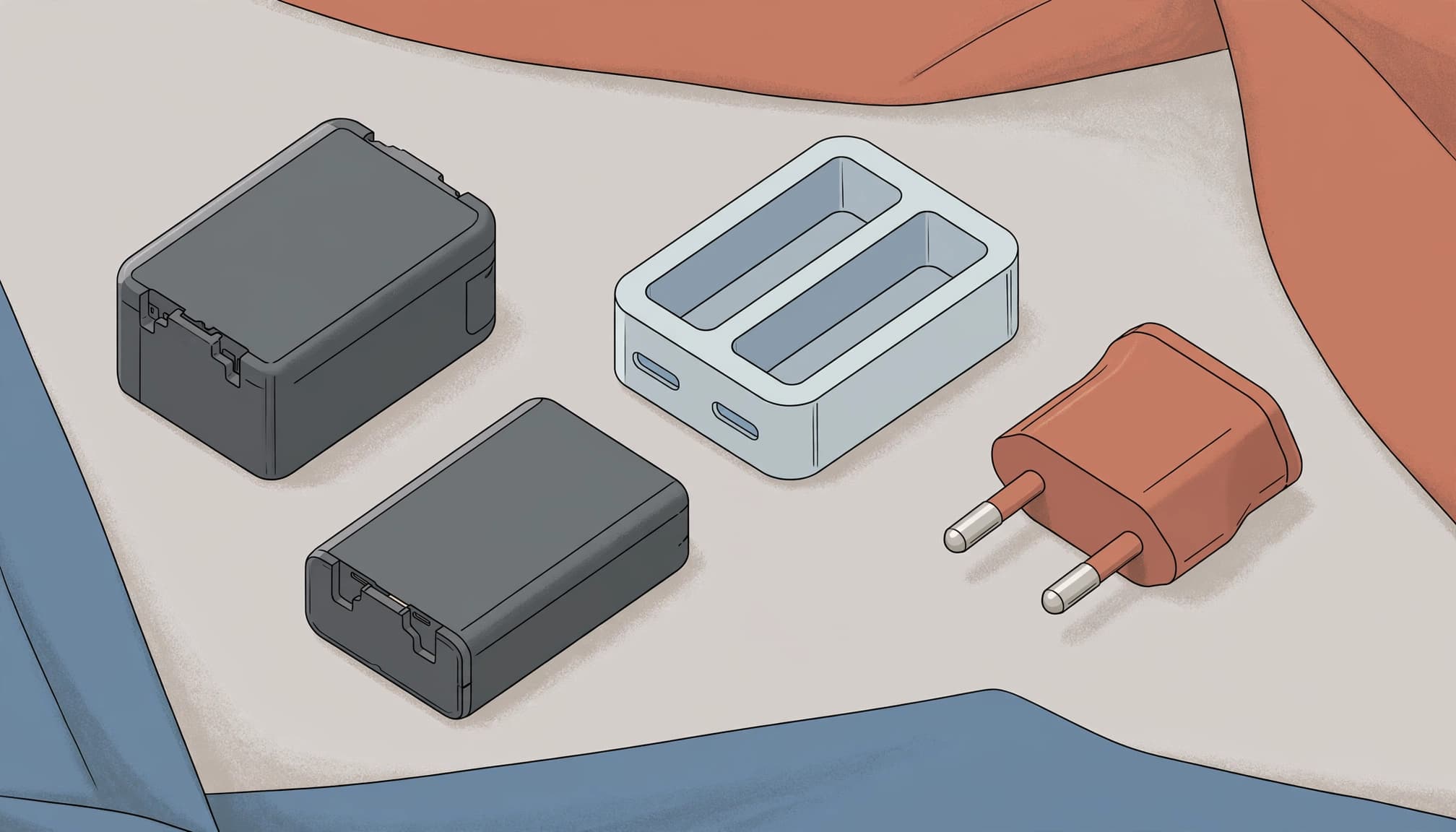 Two camera batteries, a dual-slot charger, and a European plug adapter on a tabletop.