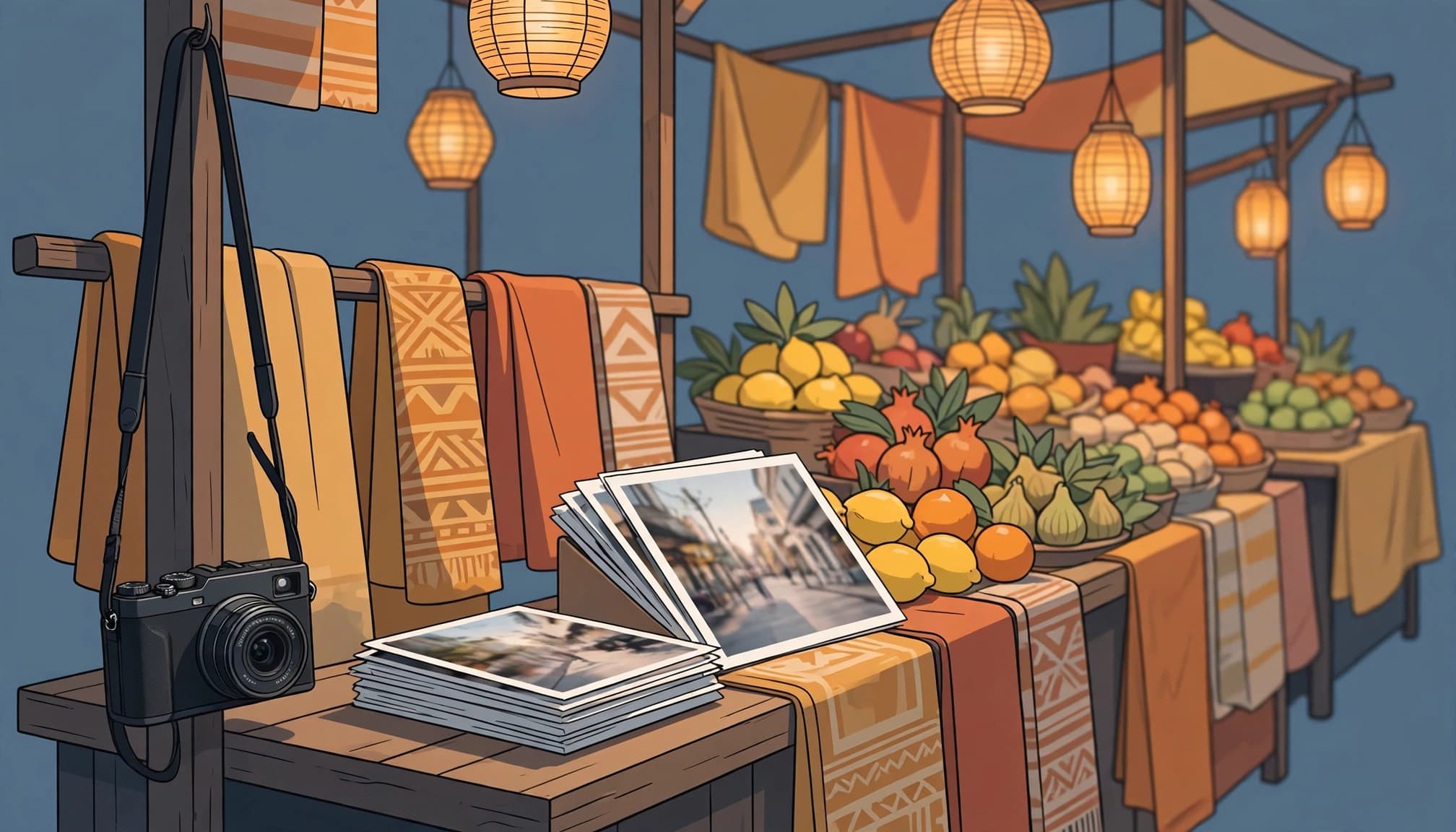 A compact camera and photo prints sit at a warmly lit evening market stall.