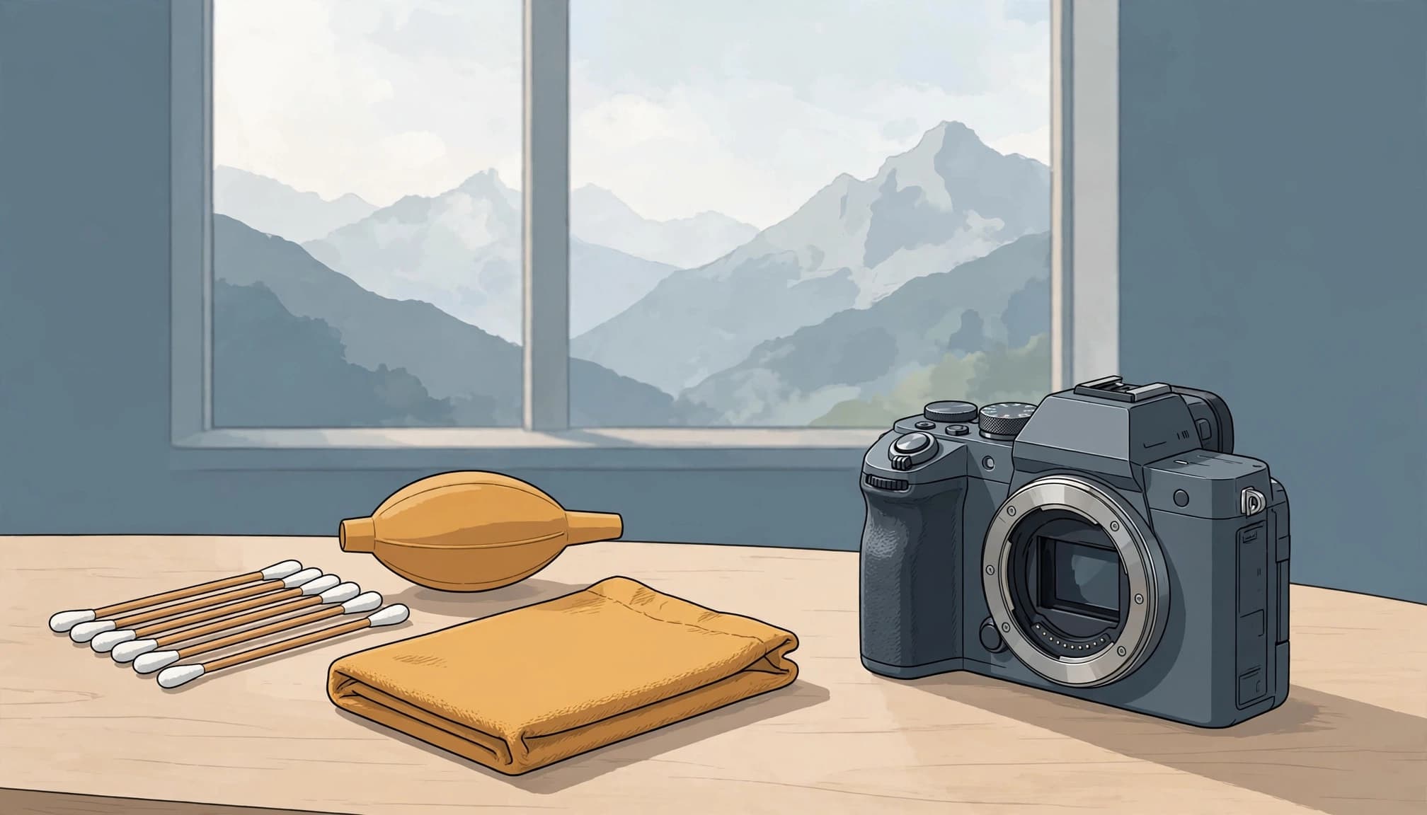 A lensless camera body sits beside sensor-cleaning tools and a microfiber pouch.