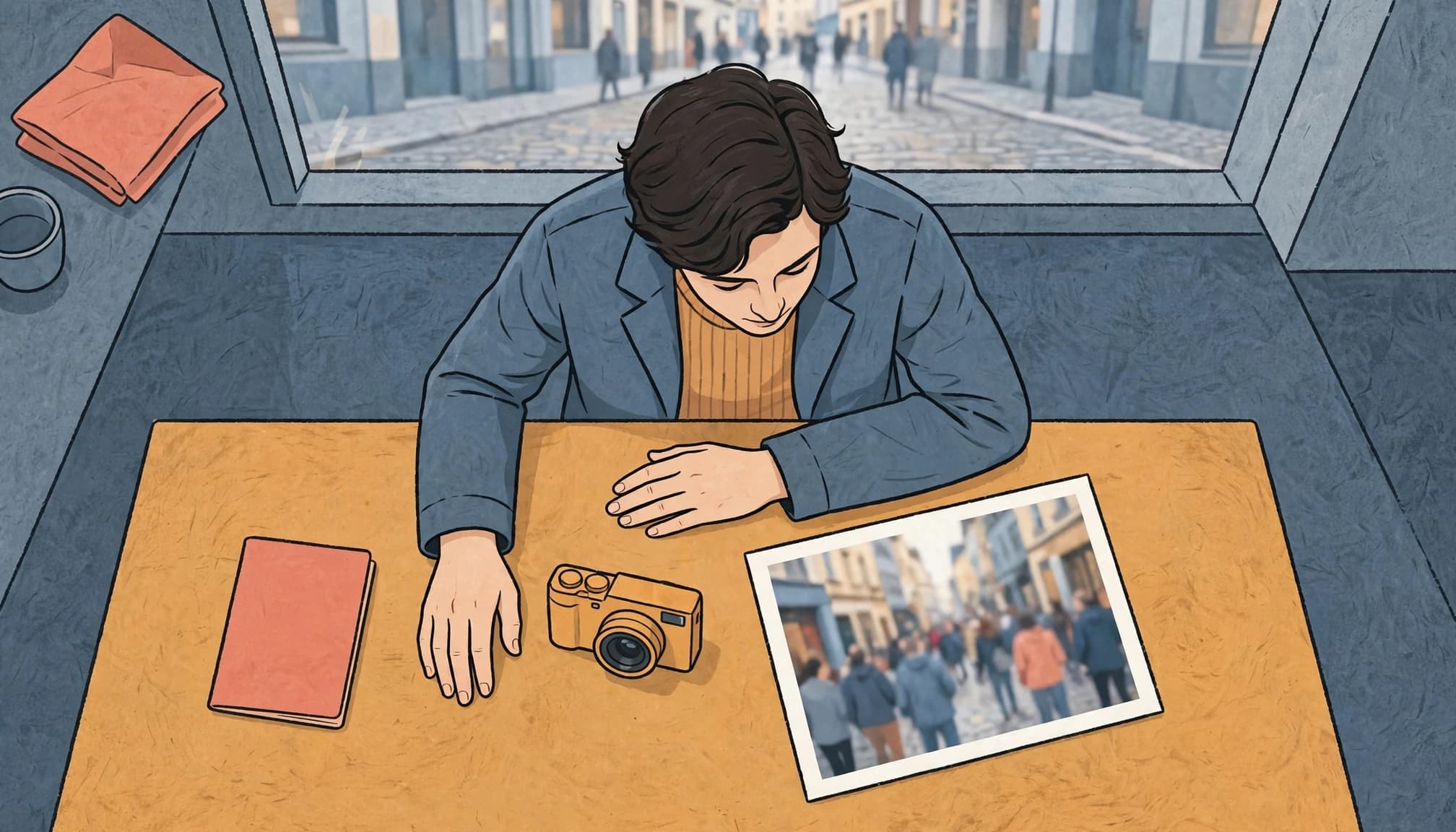 A traveler reviews a street photo beside a camera and passport at a café table.