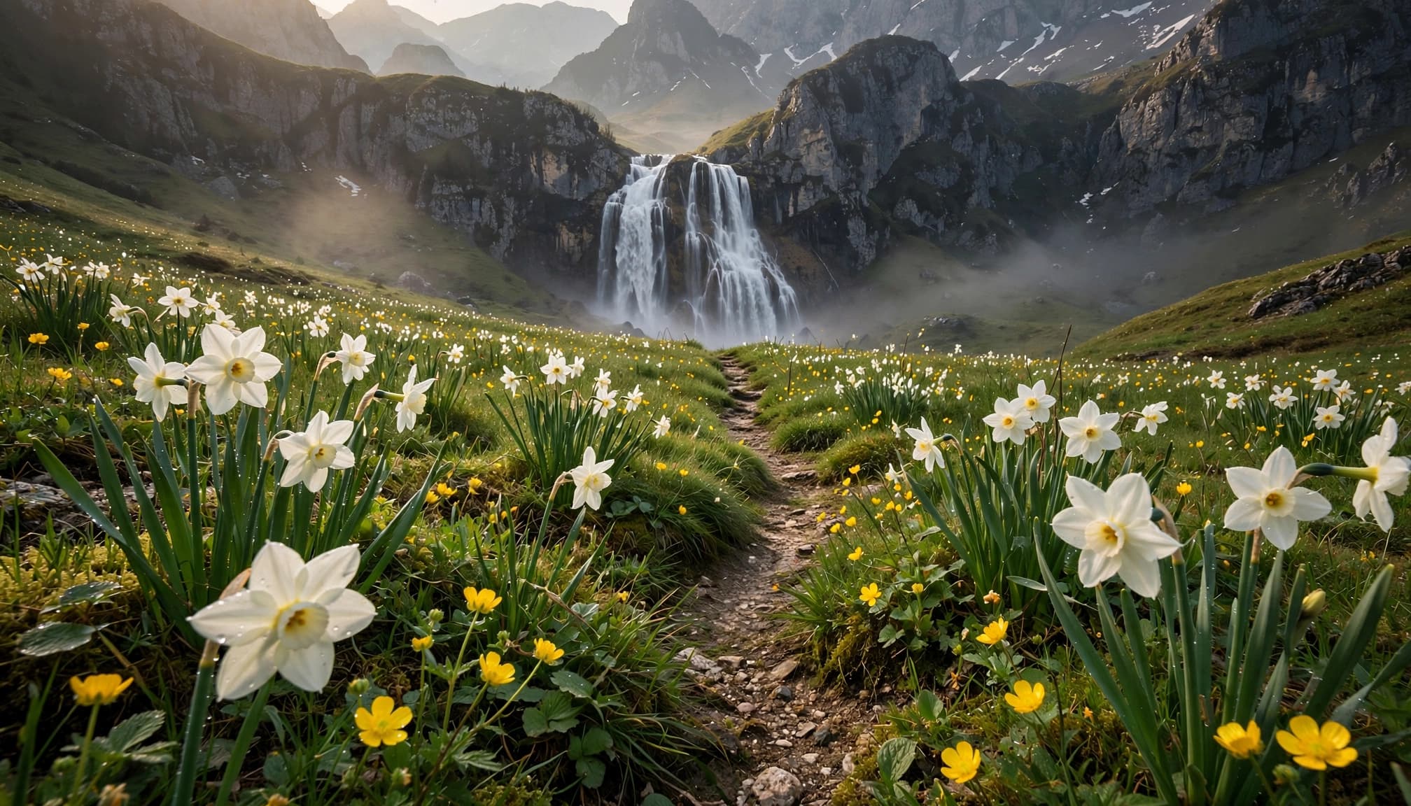 A waterfall beyond wildflowers, with a footpath leading toward dark mountain peaks.