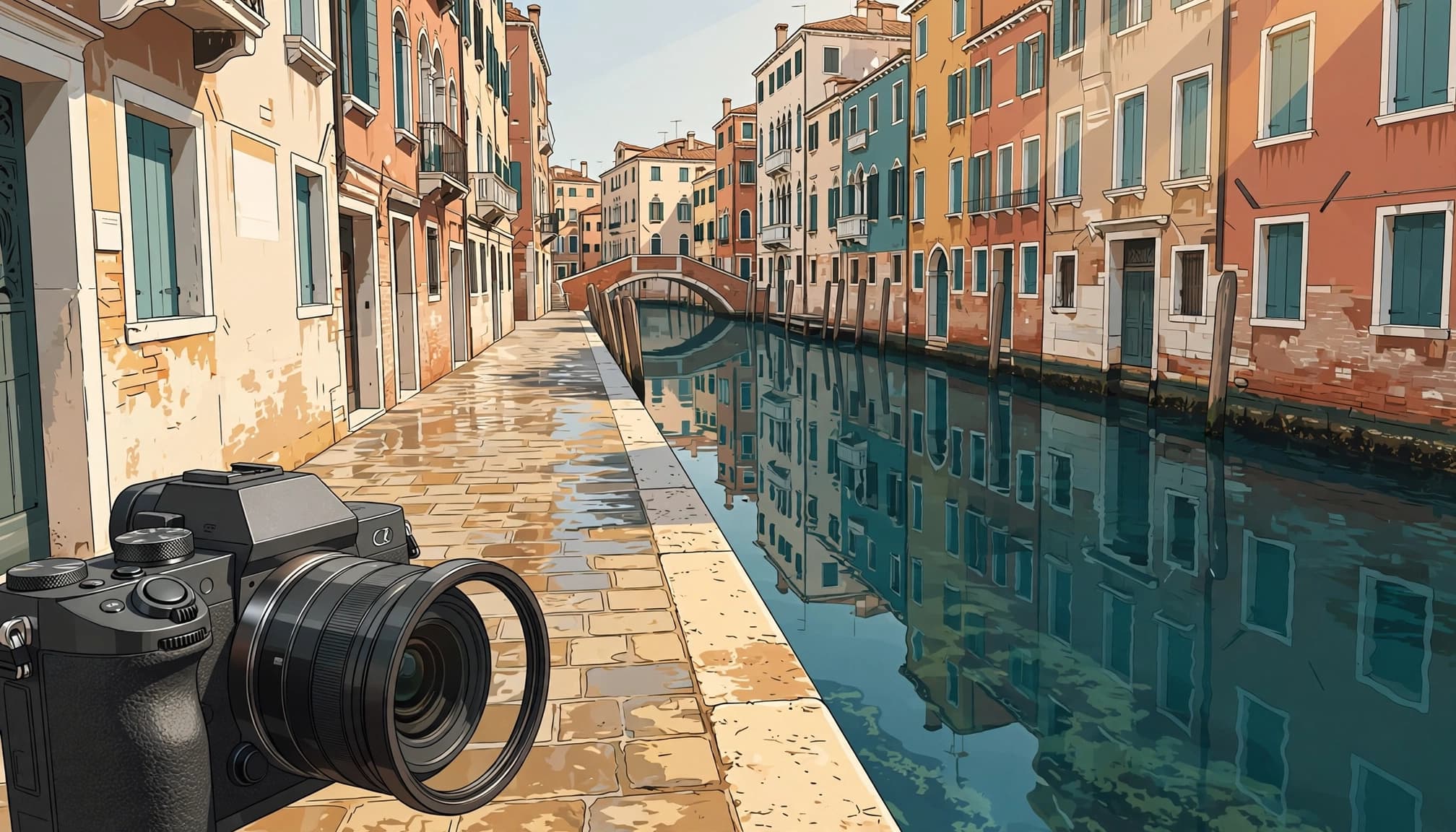 A camera with a polarizing filter points toward a sunny Venetian canal.