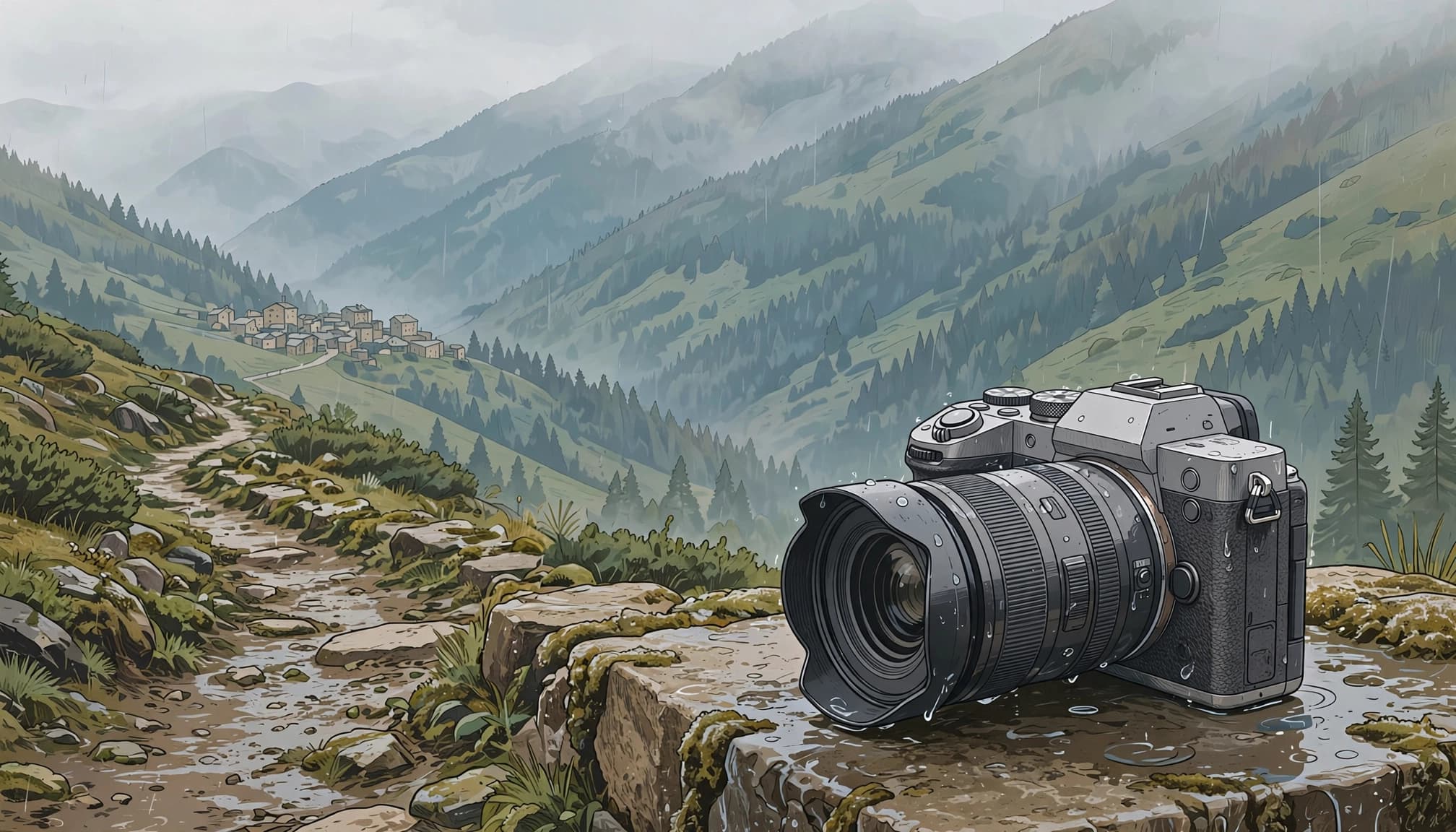 A weather-sealed camera rests on a wet stone ledge beside a misty mountain trail.