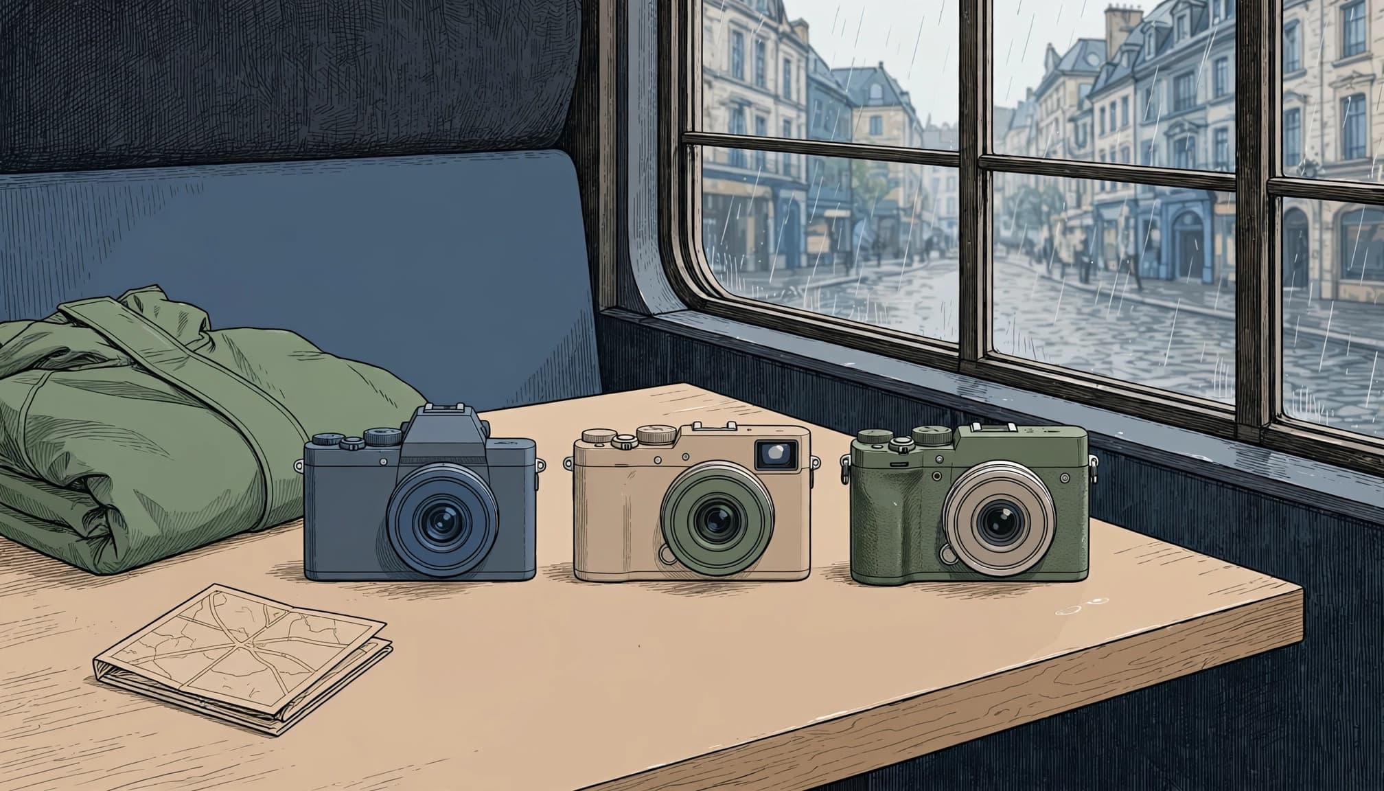 Three mirrorless cameras and travel gear sit on a café table beside a rainy train window.