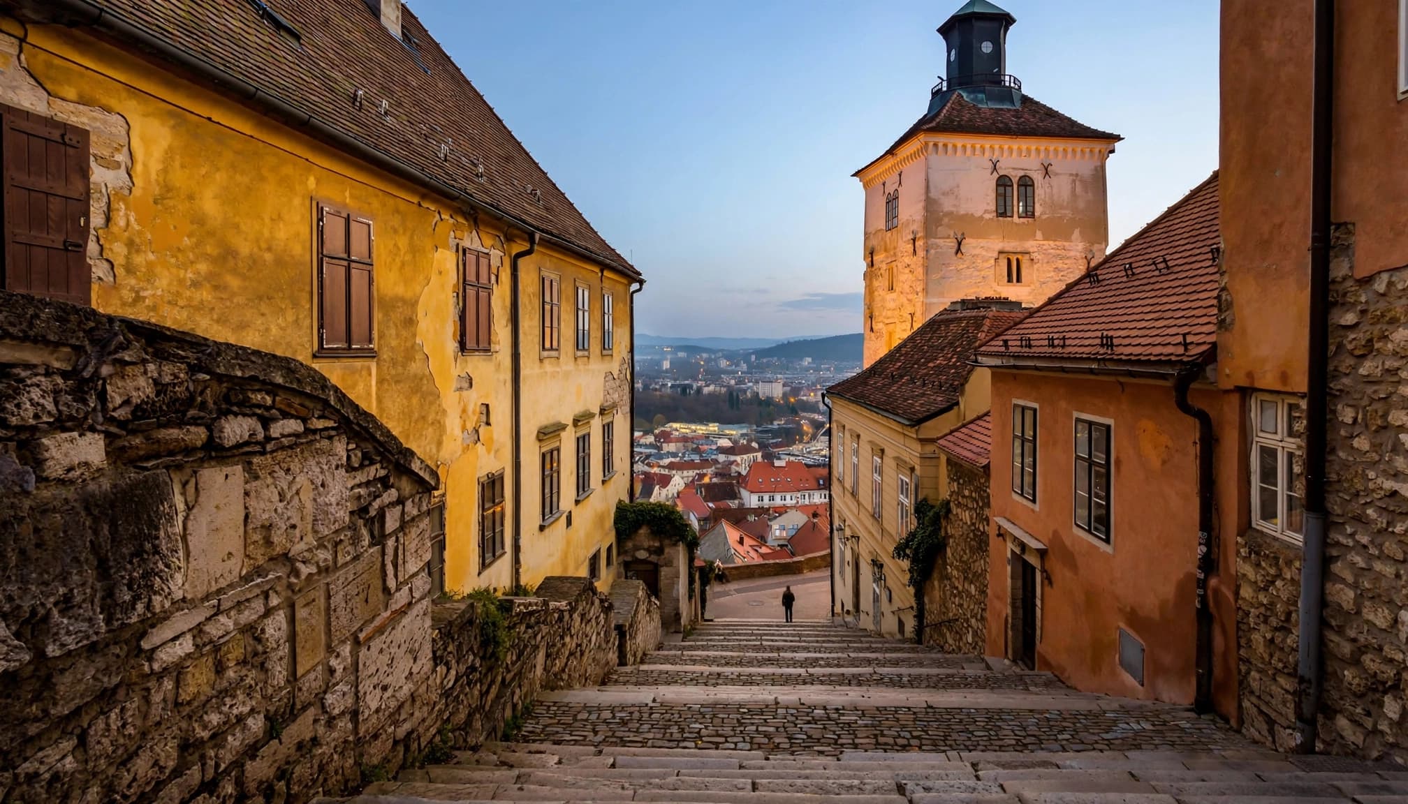 Stone steps lead through Zagreb's Upper Town toward distant rooftops at dusk.
