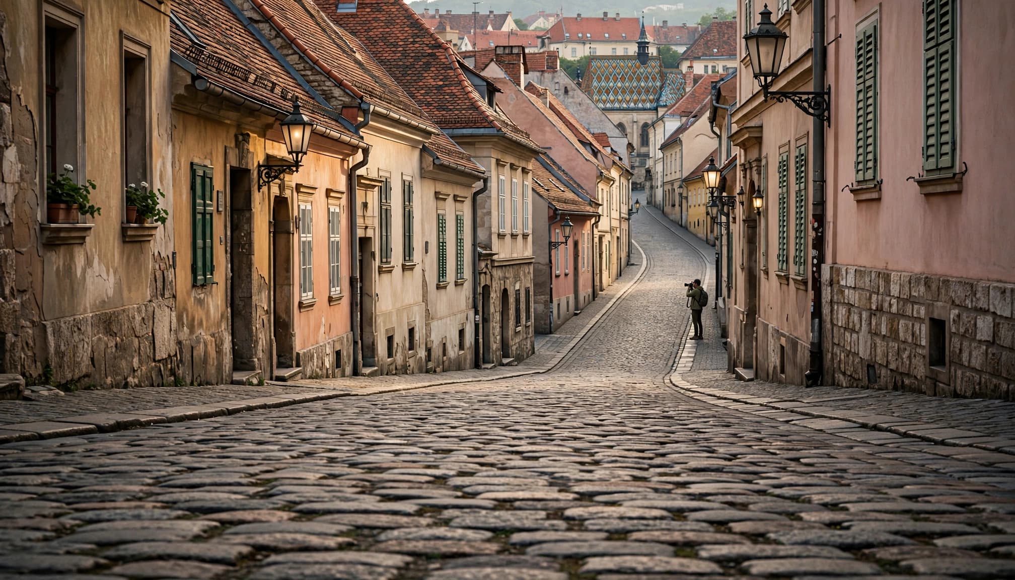 A cobblestone lane in Zagreb's Upper Town with colorful buildings and one distant photographer.