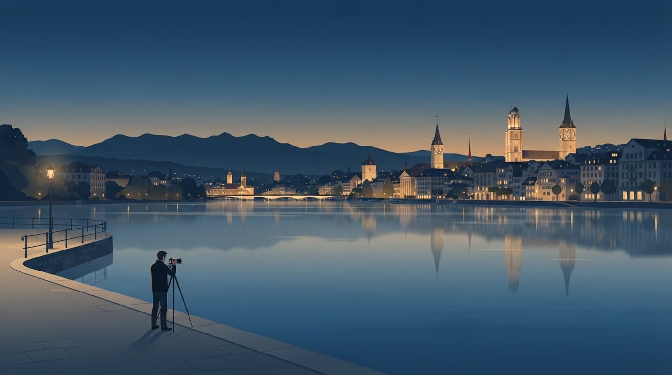 A photographer faces Lake Zurich at blue hour with mountains and city spires beyond.