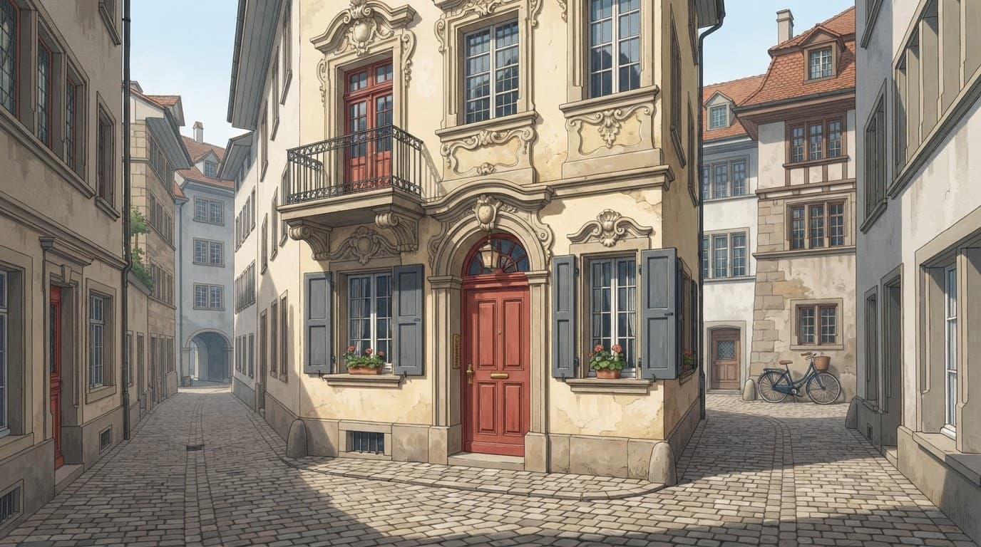 A red doorway and cream facade beside a cobbled lane with a bicycle.