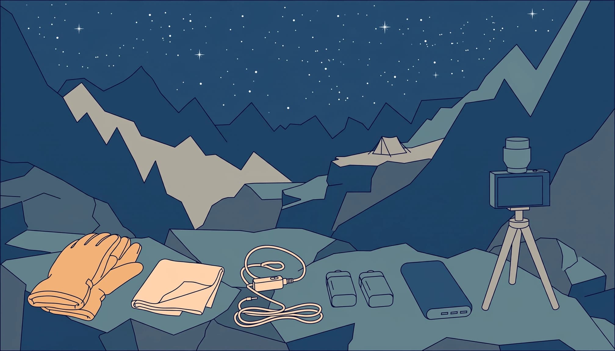 An illustration of astrophotography gear laid out on a rocky ledge beneath a starry mountain sky.