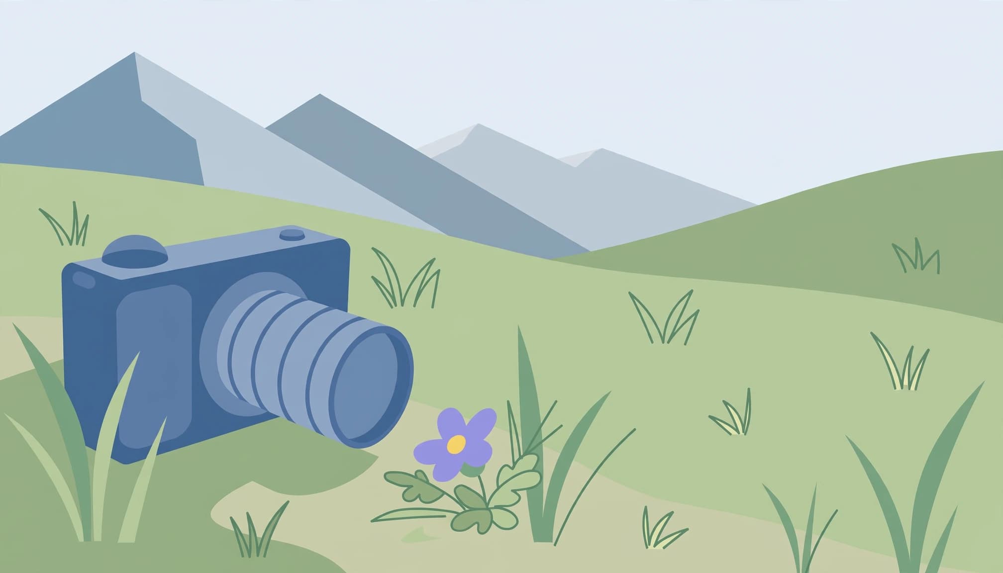 A compact camera photographs a small flower in a meadow with distant mountain peaks.