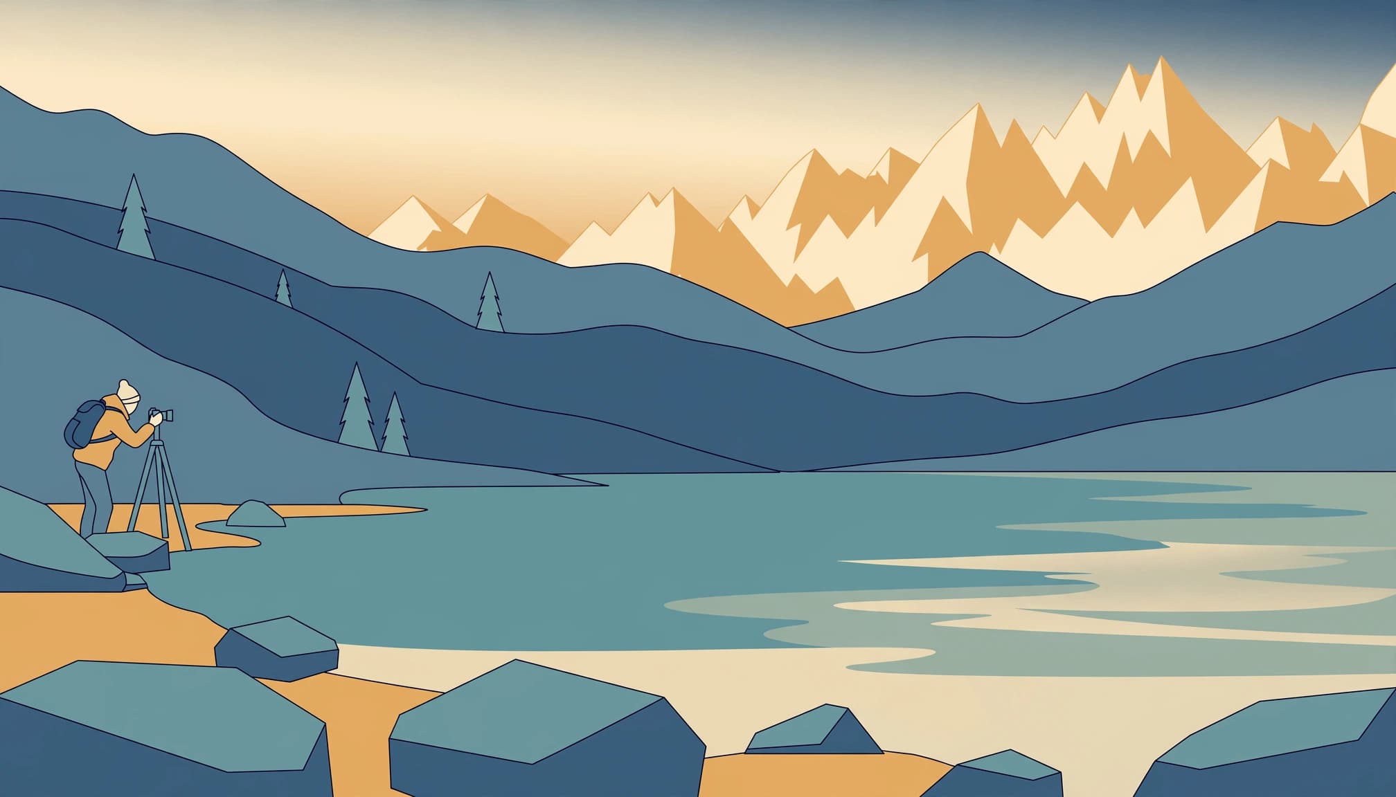 A flat illustration of a photographer taking a photo of mountains by a lake.