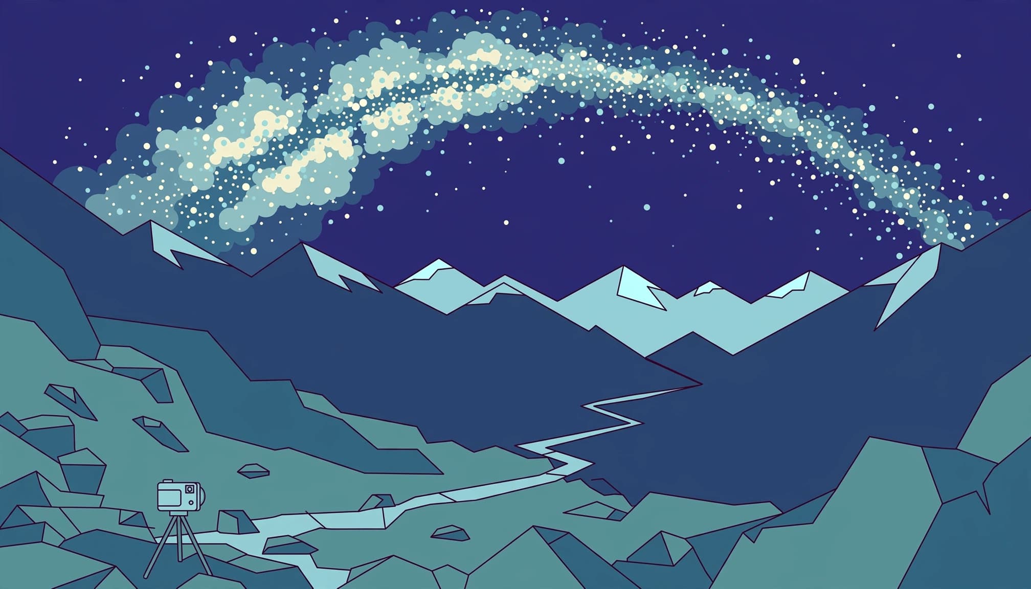 An illustrated alpine landscape at night with a tripod camera in the foreground and the Milky Way arching overhead.