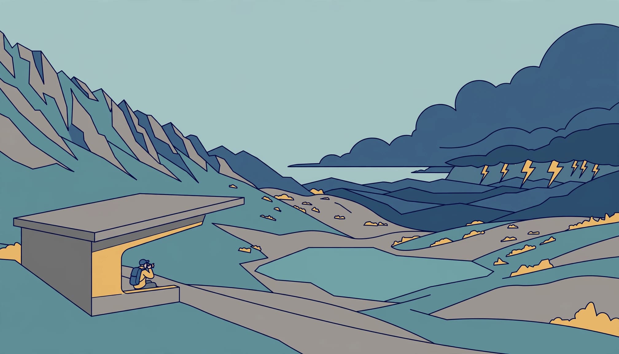 A flat editorial illustration of a person taking photos from a mountain shelter during a distant storm.