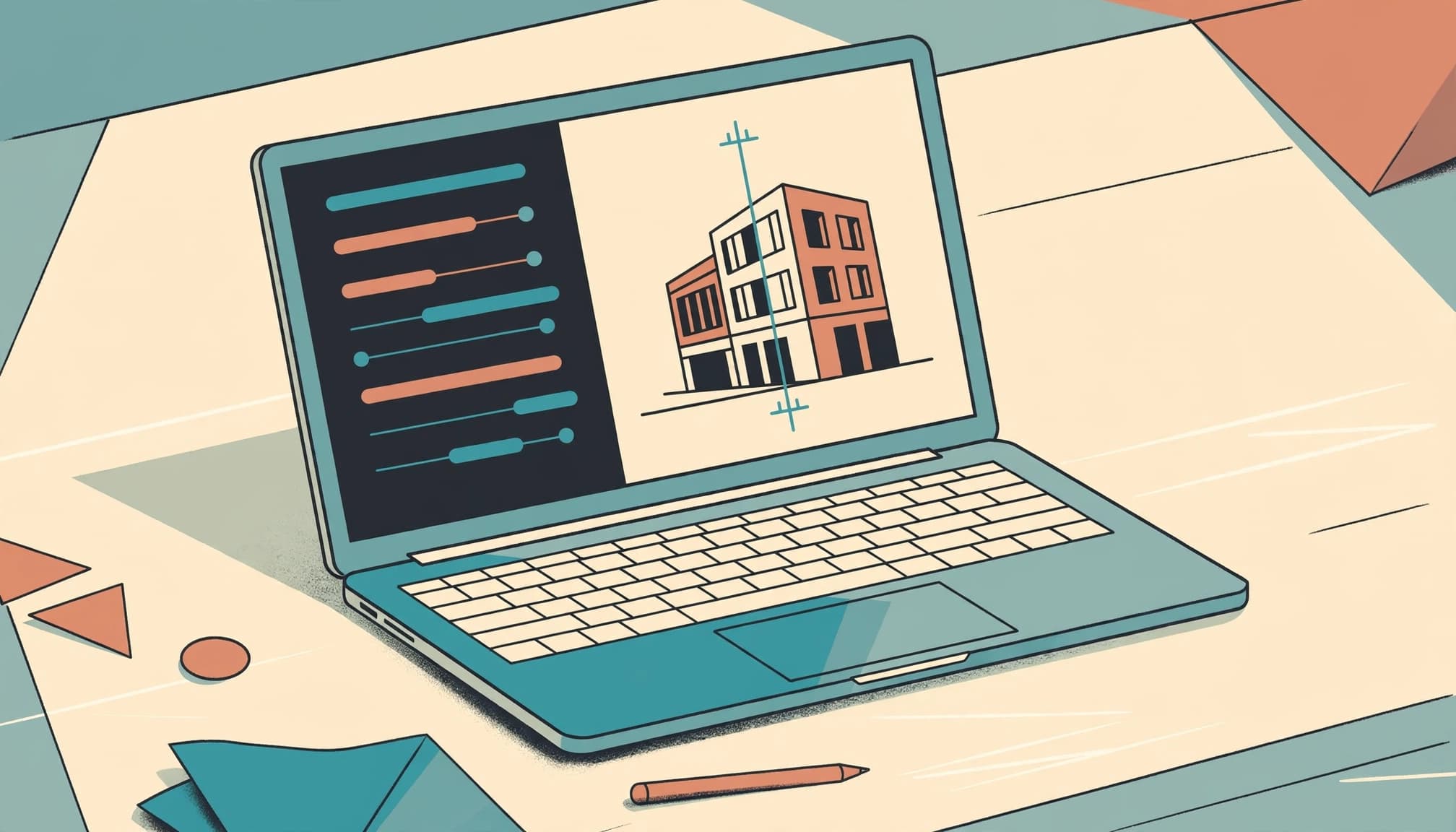 An illustration of a laptop on a desk showing an architectural photo with vertical alignment guides.