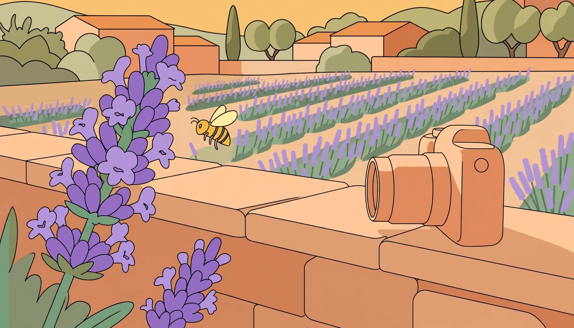 A bee hovers beside lavender, with a camera on a stone wall.