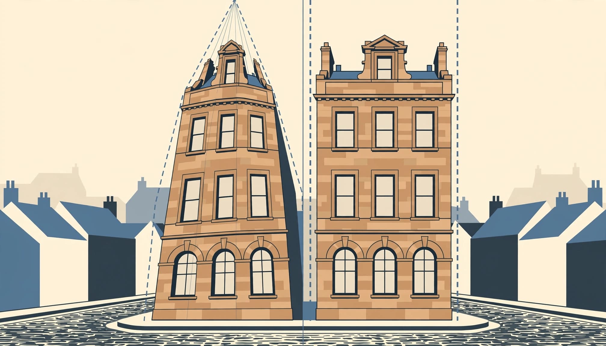An illustration comparing a building with perspective distortion on the left and corrected vertical alignment on the right.