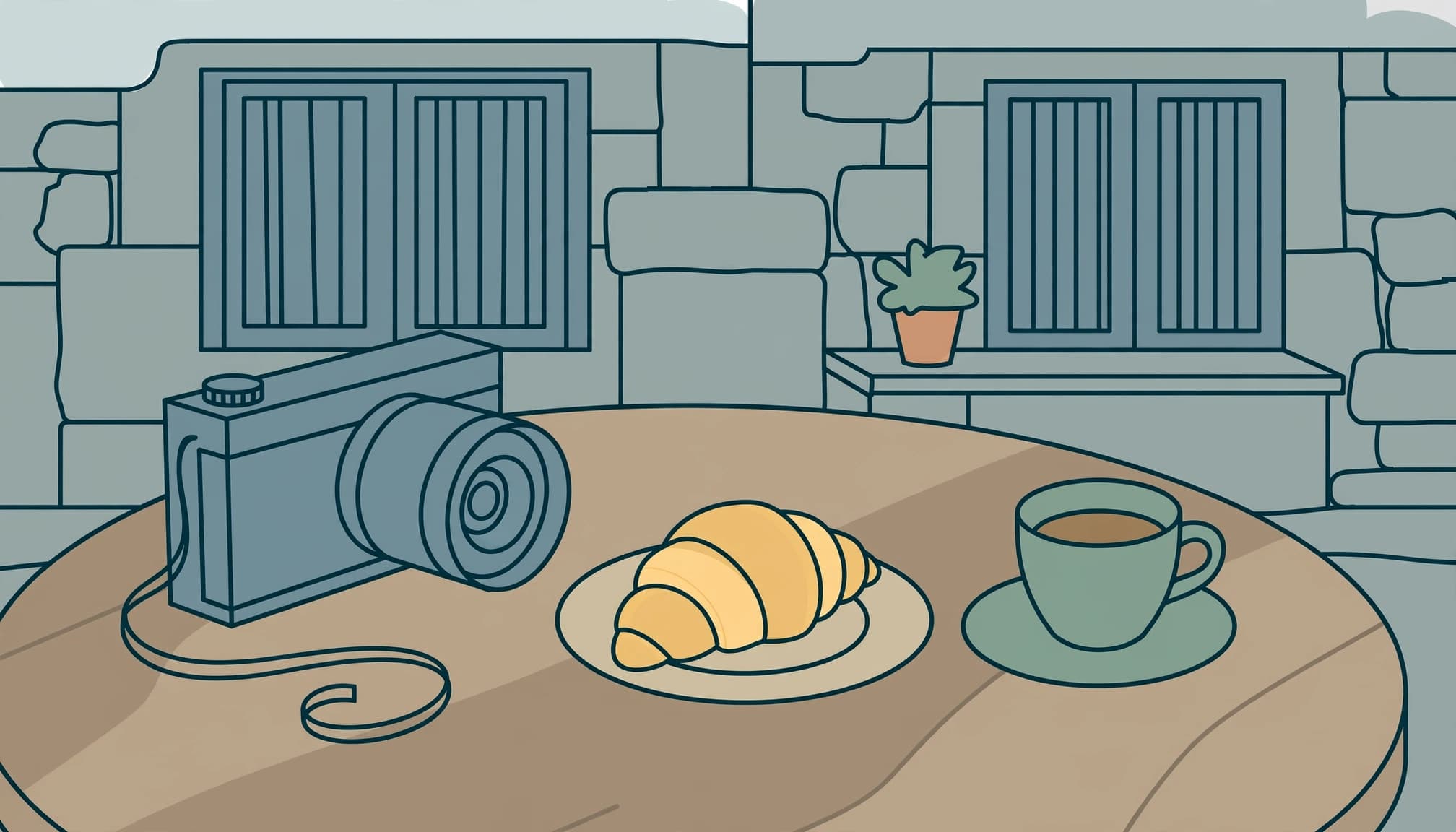 A pastry, espresso cup, and macro camera on a cafe table.