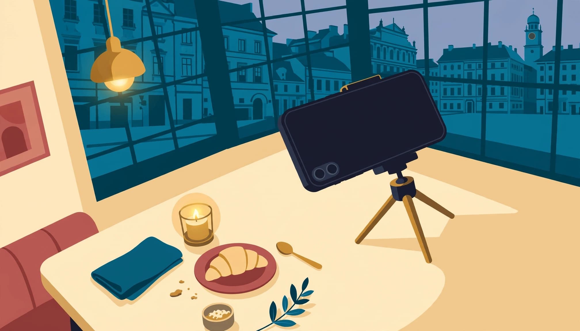 A 2D illustration of a smartphone on a tripod photographing a cafe table with a pastry at dusk.