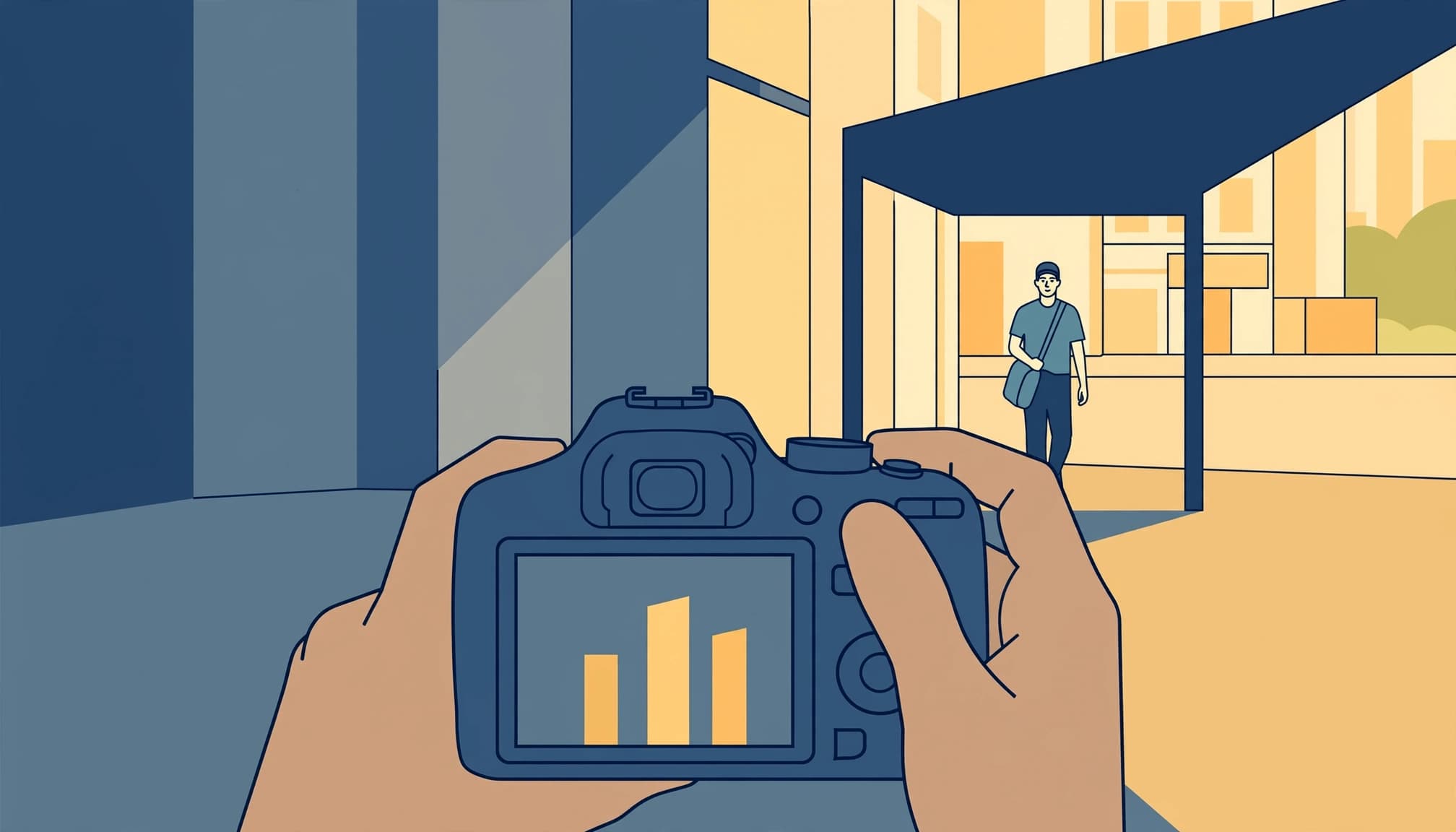An illustrated view of hands holding a camera, framing a pedestrian on a sunny street.