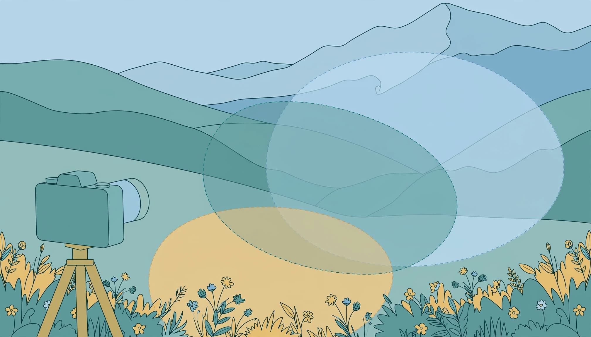 A flat 2D editorial illustration of a camera on a tripod in a field facing mountains, with three focus zones.