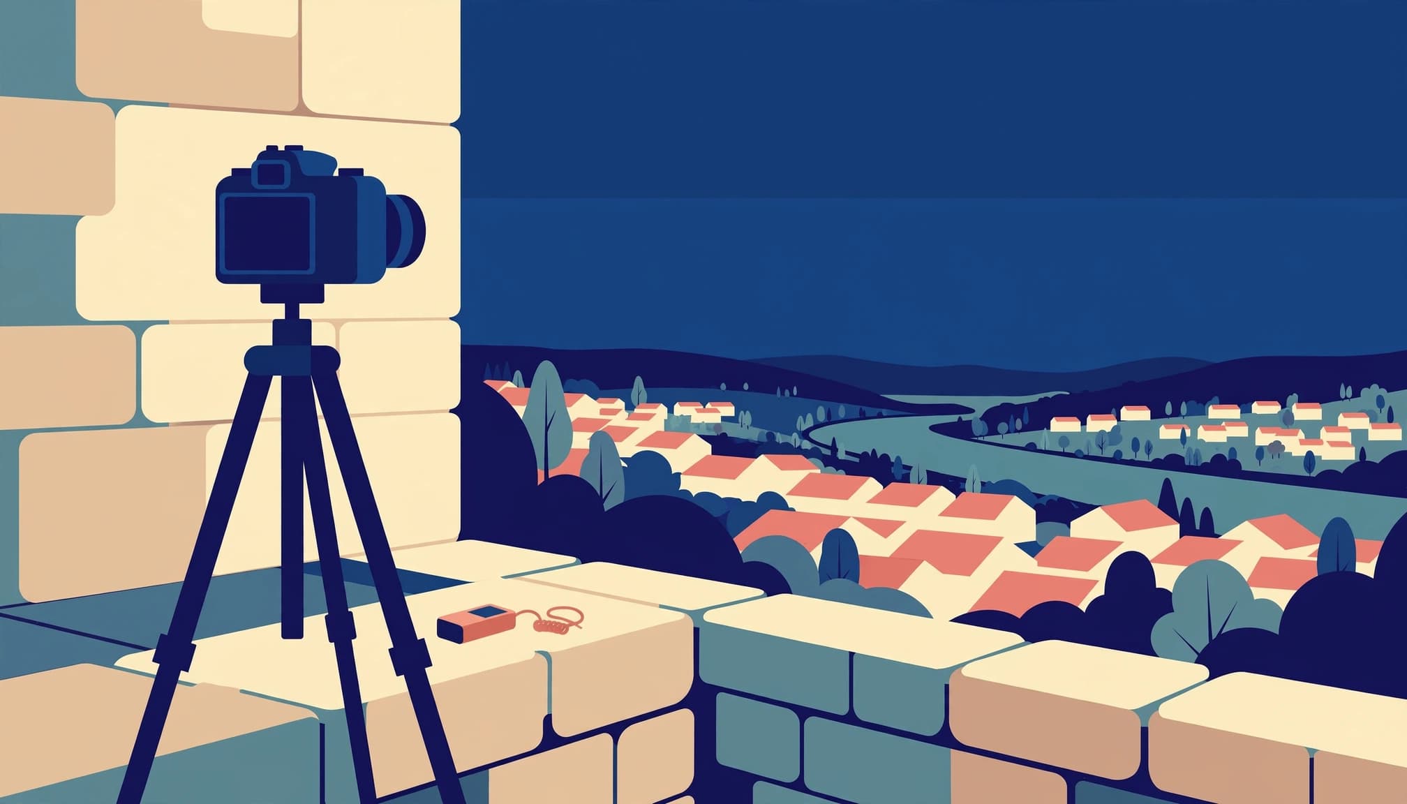 An illustrated camera on a tripod overlooking a town at blue hour.