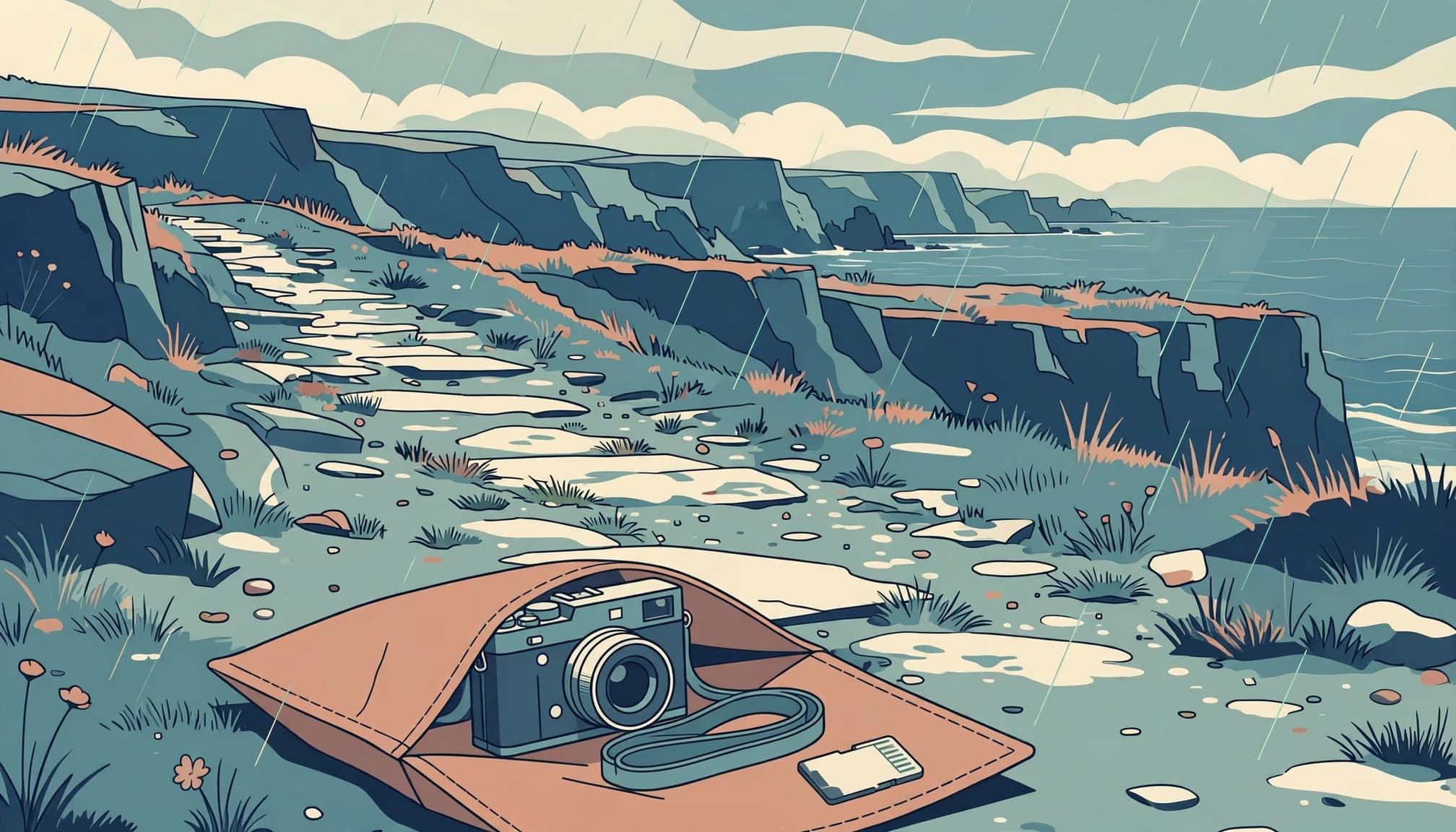 A camera and SD card rest under a pouch beside a rainy coastal path.