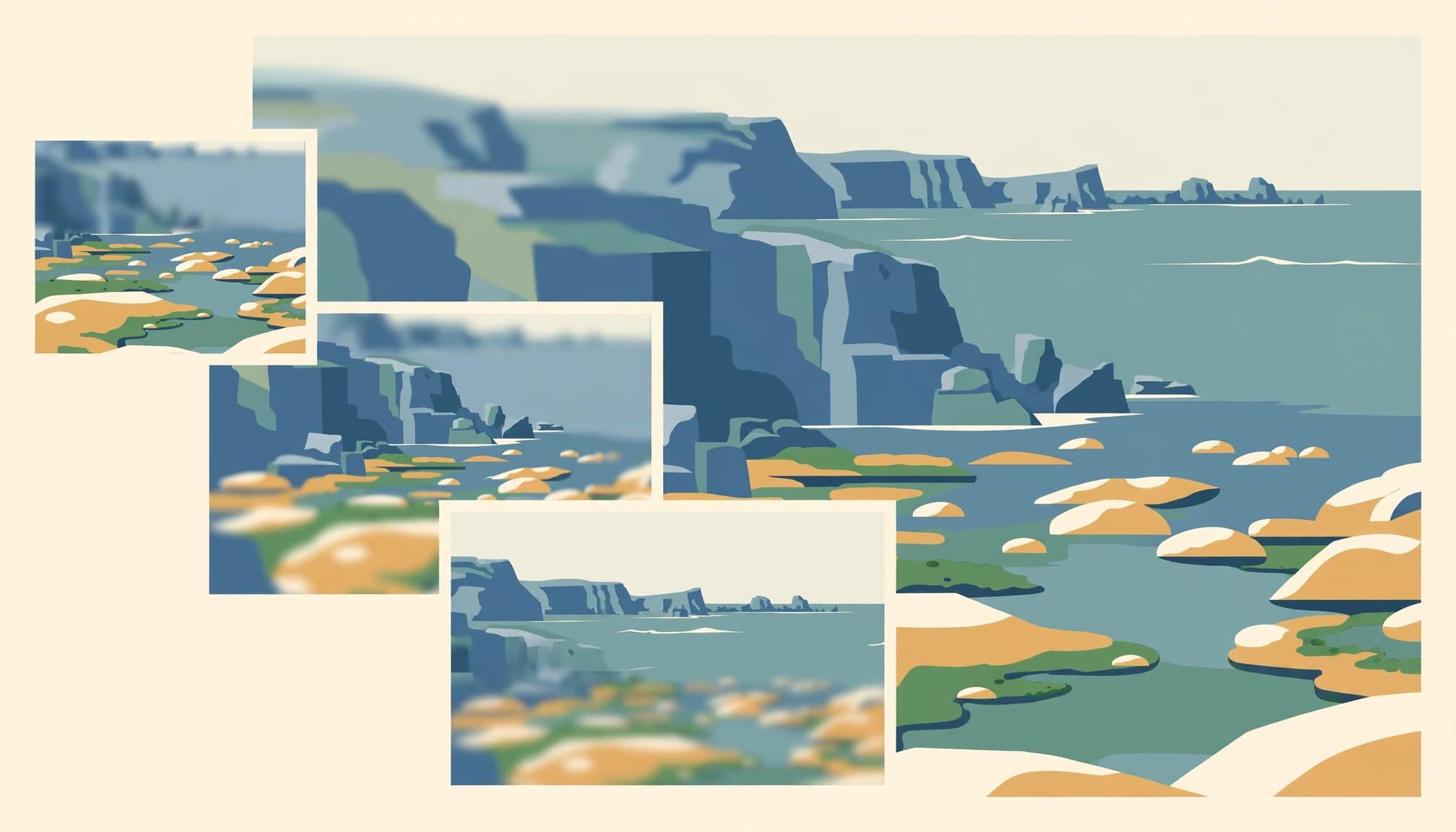 An illustrated infographic showing three blurred landscape panels blending into one crisp coastal scene.