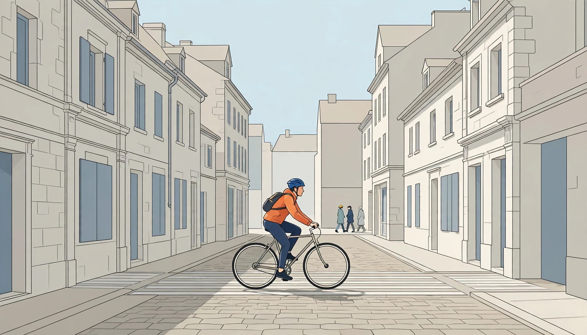 A 2D illustration of a cyclist riding across a street between tall buildings.