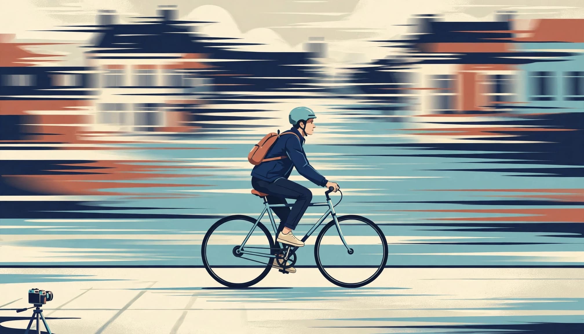An illustrated cyclist rides past a motion-blurred city background.