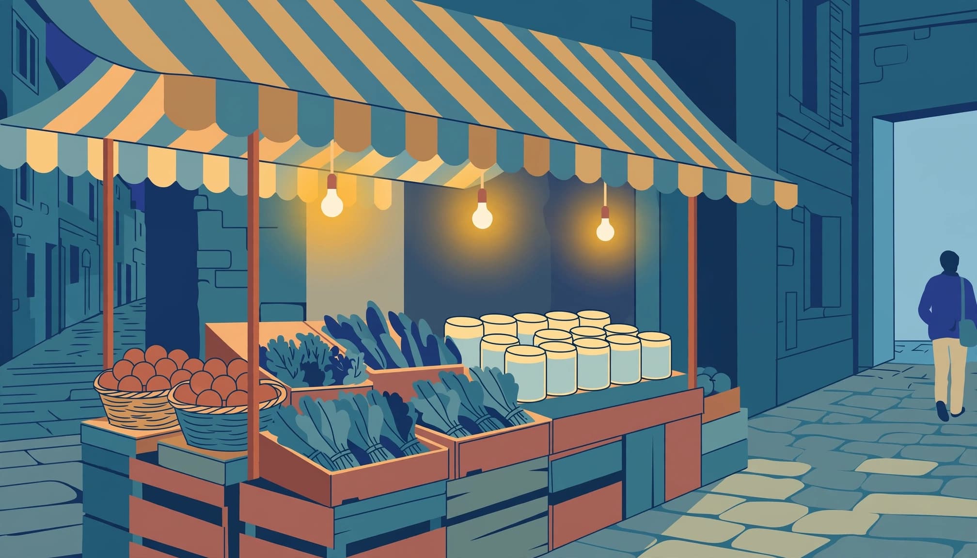 A shopper views a produce stall lit by warm bulbs in the cool dusk.