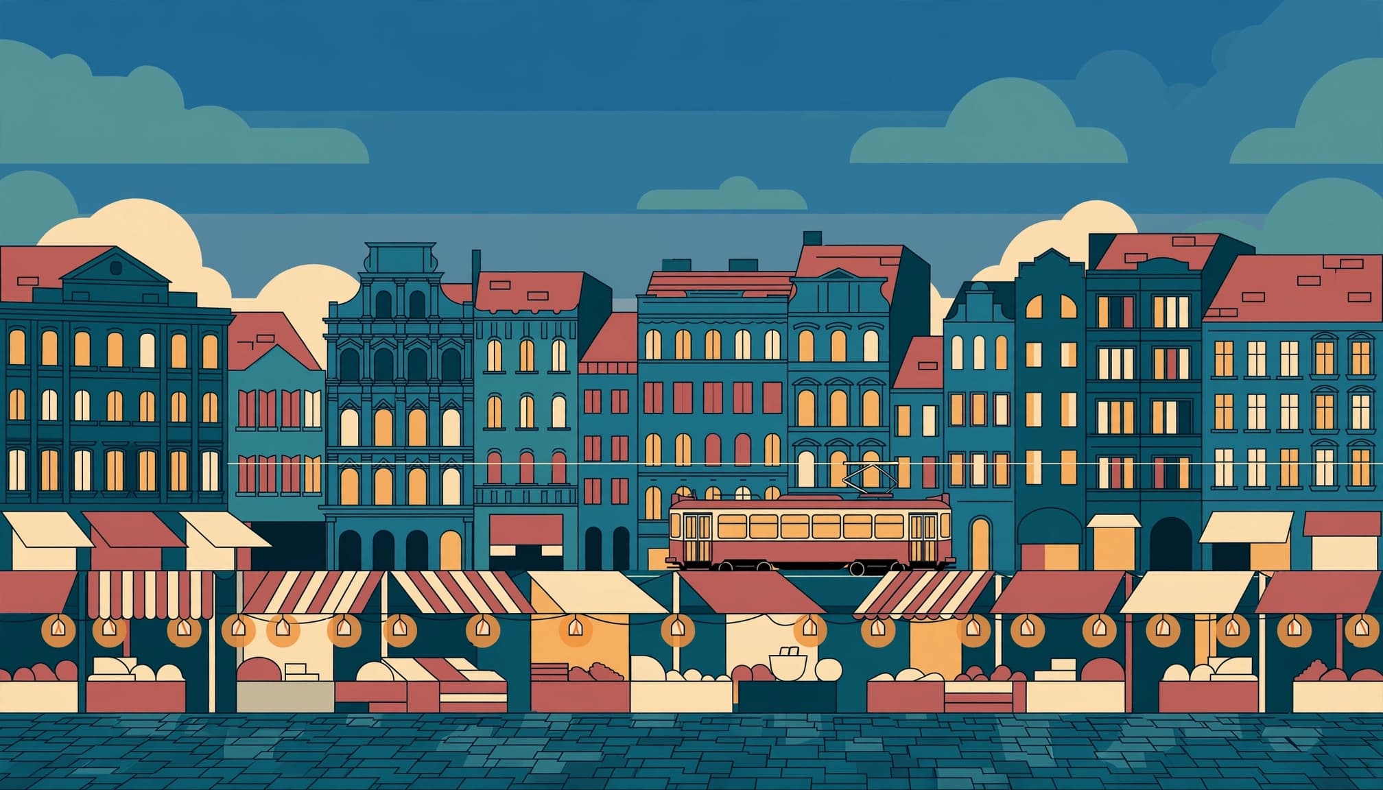 An editorial illustration of a European market street at dusk with a tram passing historic buildings.