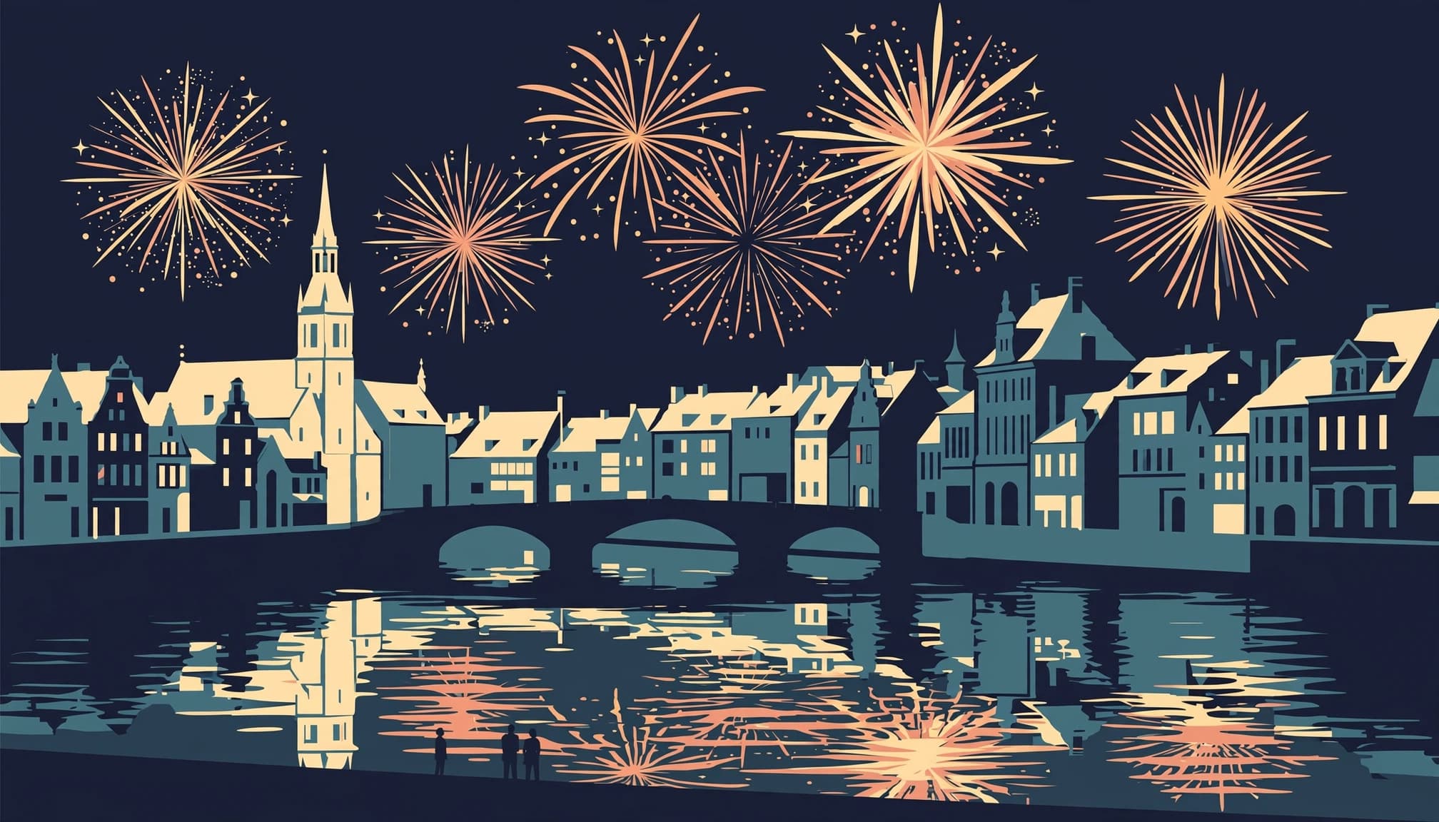 A flat illustration of a European city skyline with fireworks and river reflections.