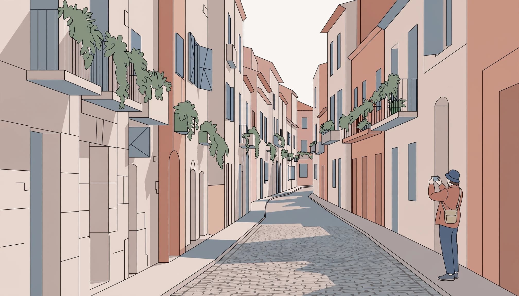 A flat illustration of a person taking a photo on a narrow cobbled street.