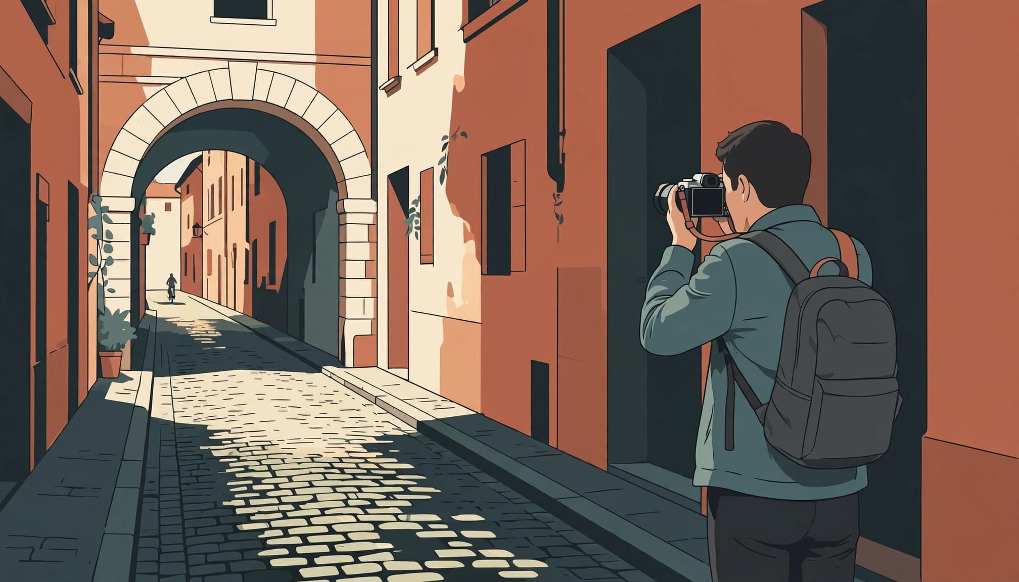 An illustration of a traveler with a backpack photographing an old European street.