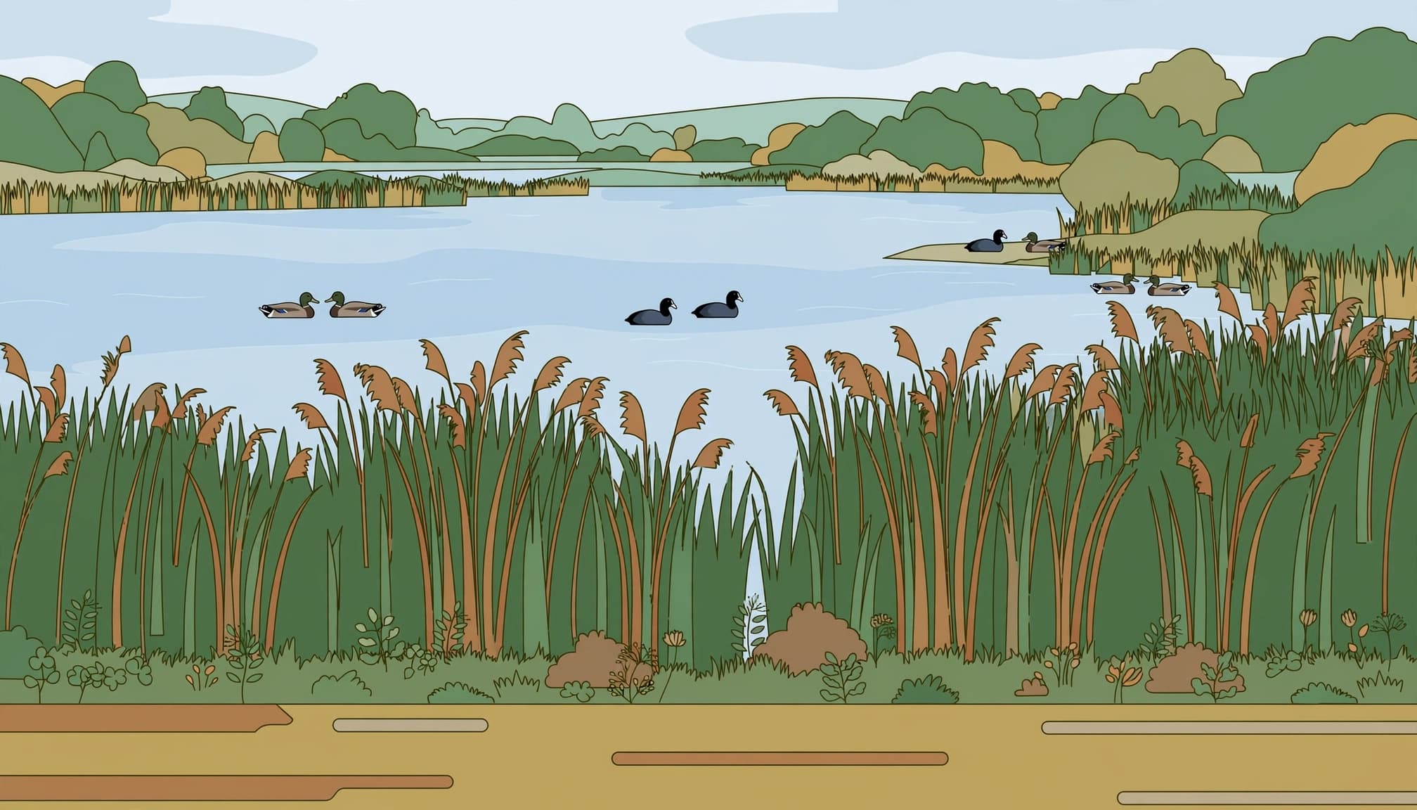 Water birds rest beside a reed-fringed lake, with a walking path behind them.