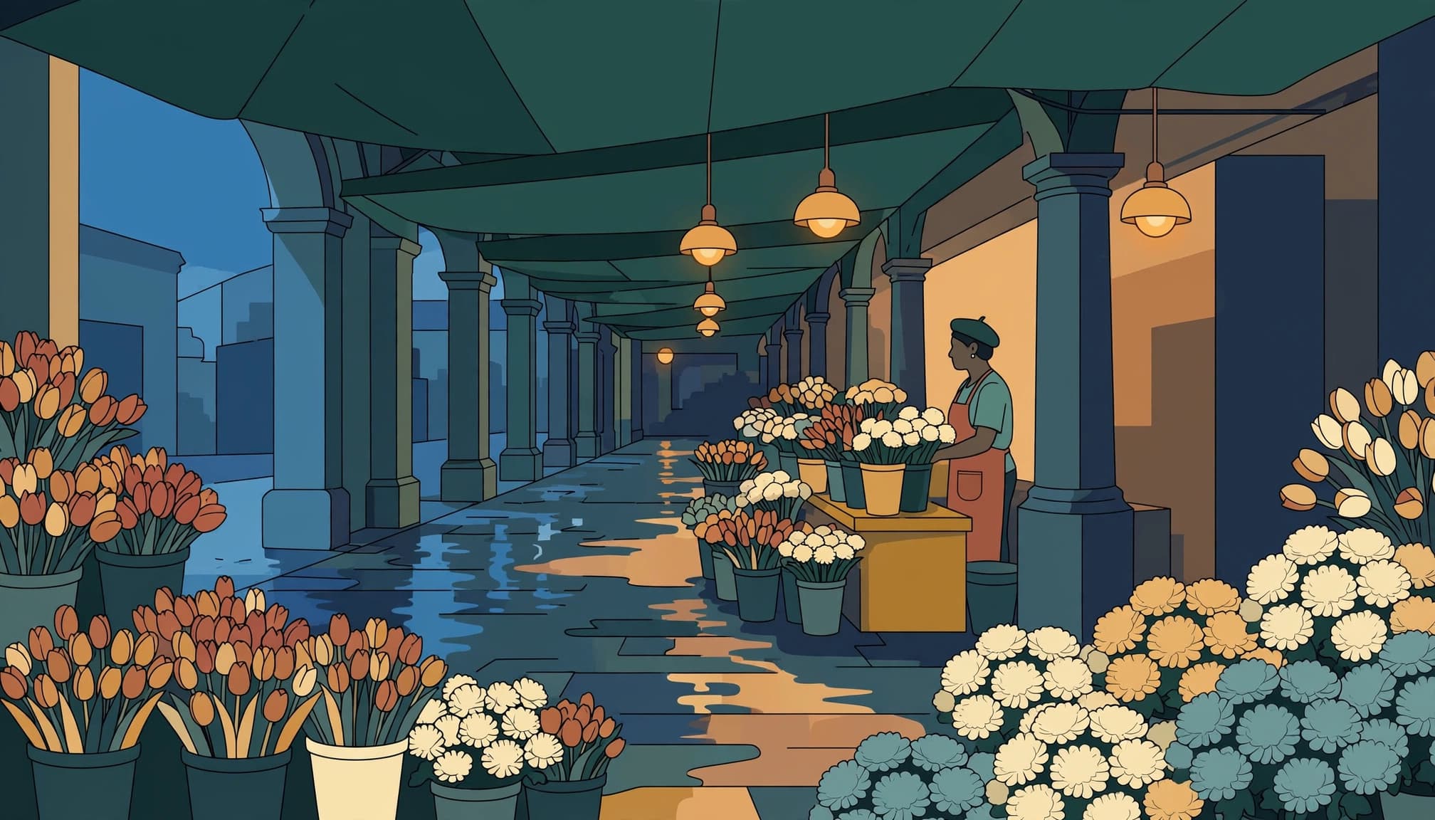 A florist stands among flower buckets in a market lit by warm lamps and cool evening light.