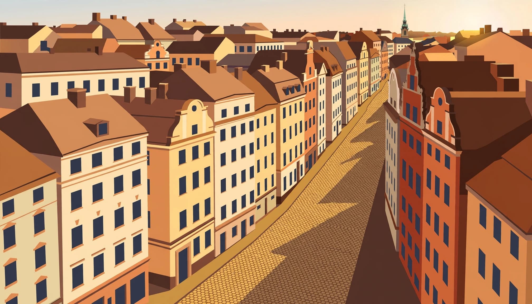 A narrow cobbled street winds between warm-colored old buildings toward a distant church spire.