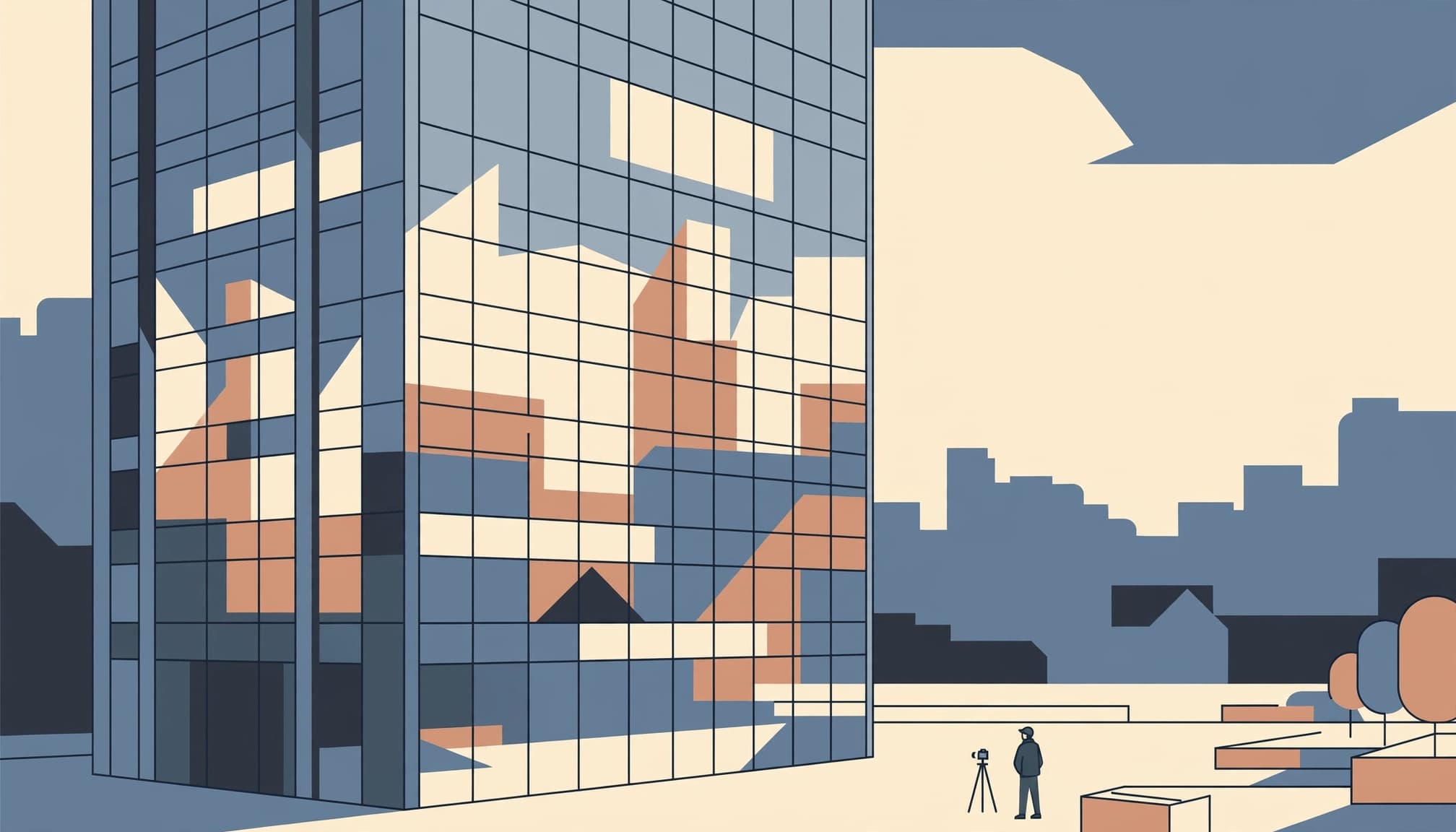 A photographer frames a tower reflecting nearby buildings from a quiet plaza.