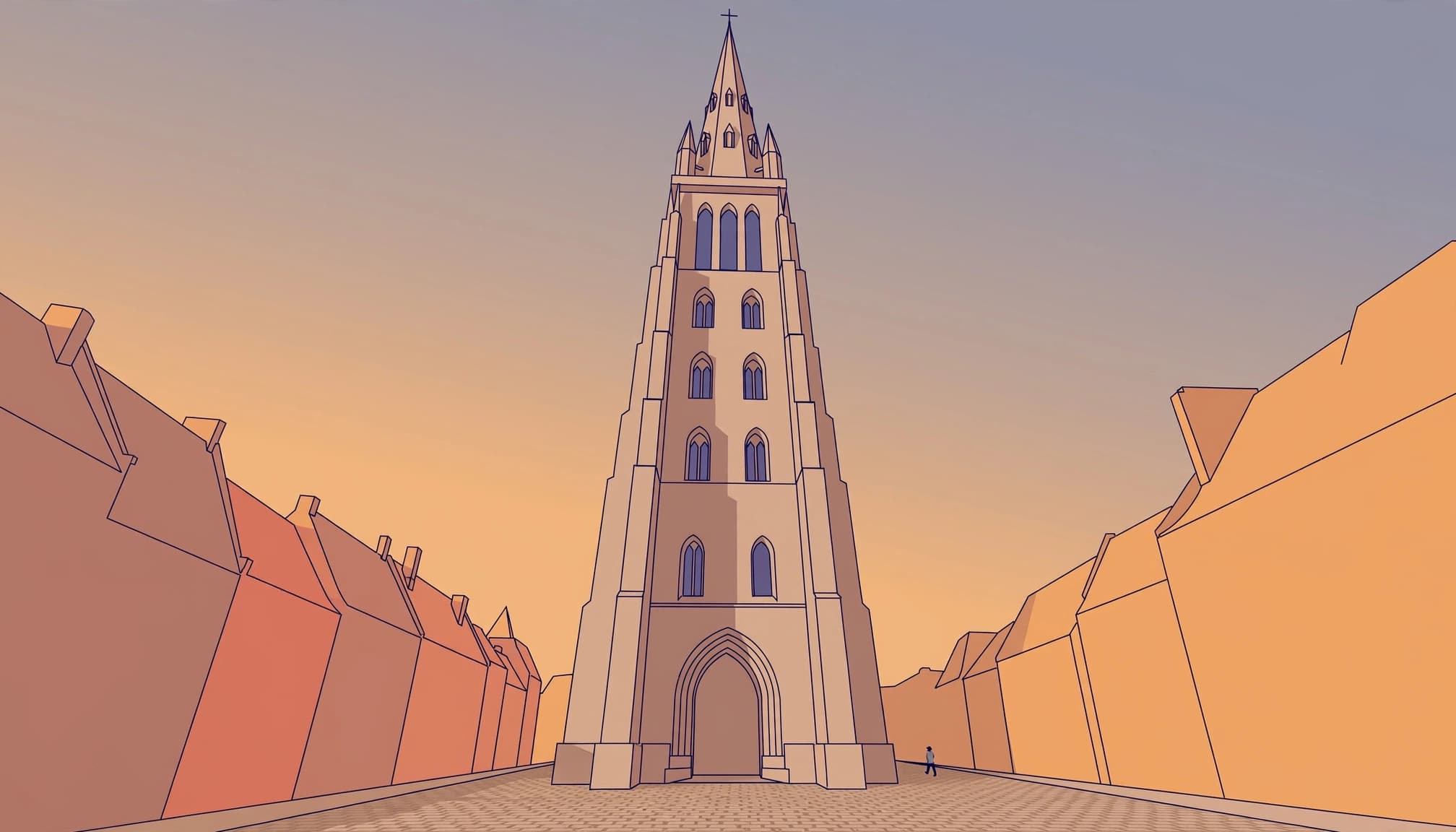 A flat 2D editorial illustration of a tall Gothic bell tower rising above a European street at dusk.