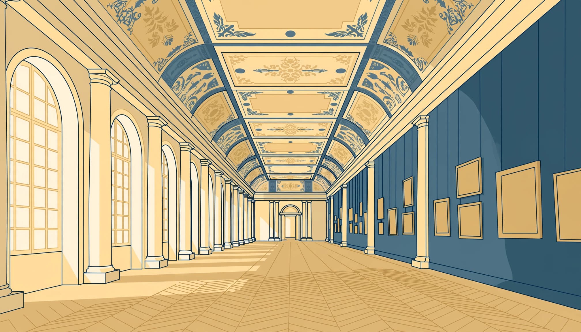 A 2D vector illustration of an empty museum gallery with arched windows, columns, and framed art.