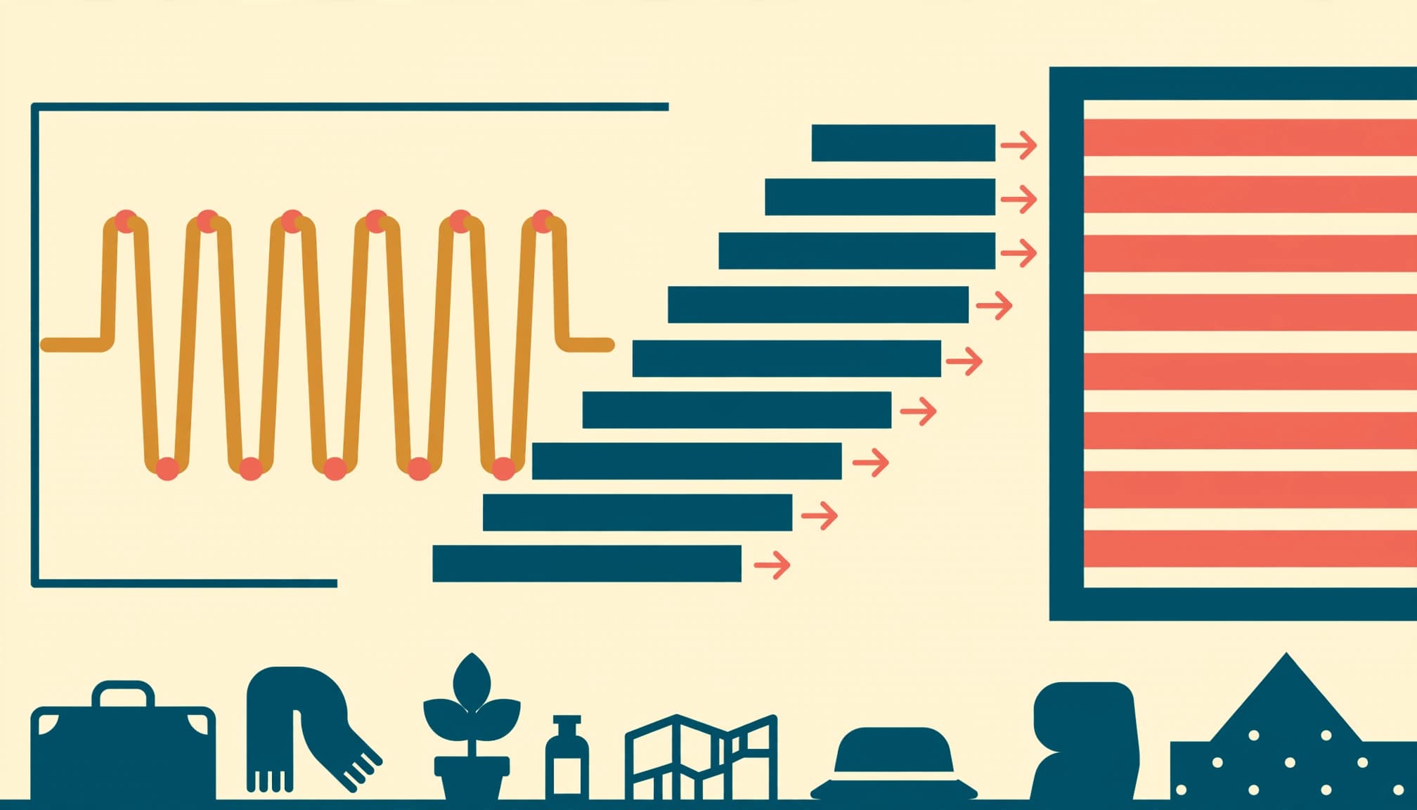 A flat 2D editorial diagram illustrating camera exposure timing, a pulsing waveform, and travel silhouettes.
