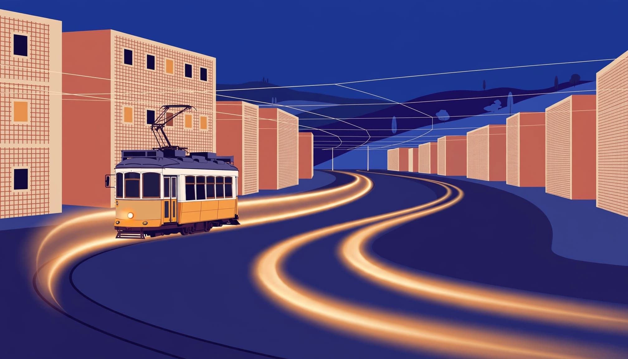 A single tram curves along a Lisbon avenue, its headlights leaving amber trails.